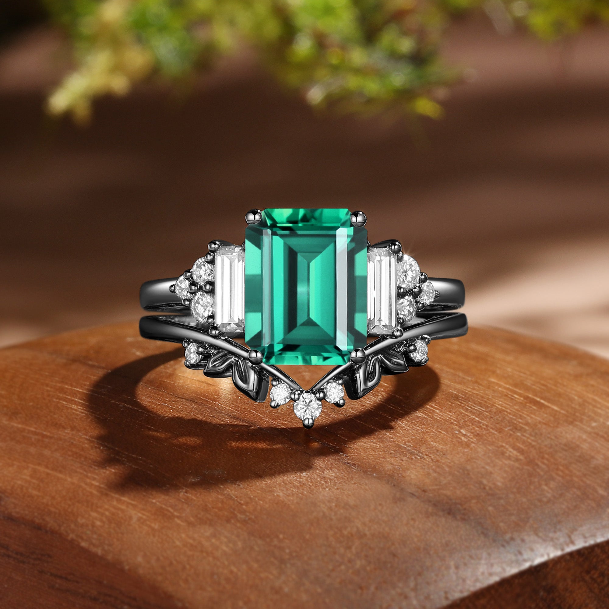 Gladys - Cluster Emerald Cut Lab Emerald Sapphire BlingFlare Bridal Set 2PCS