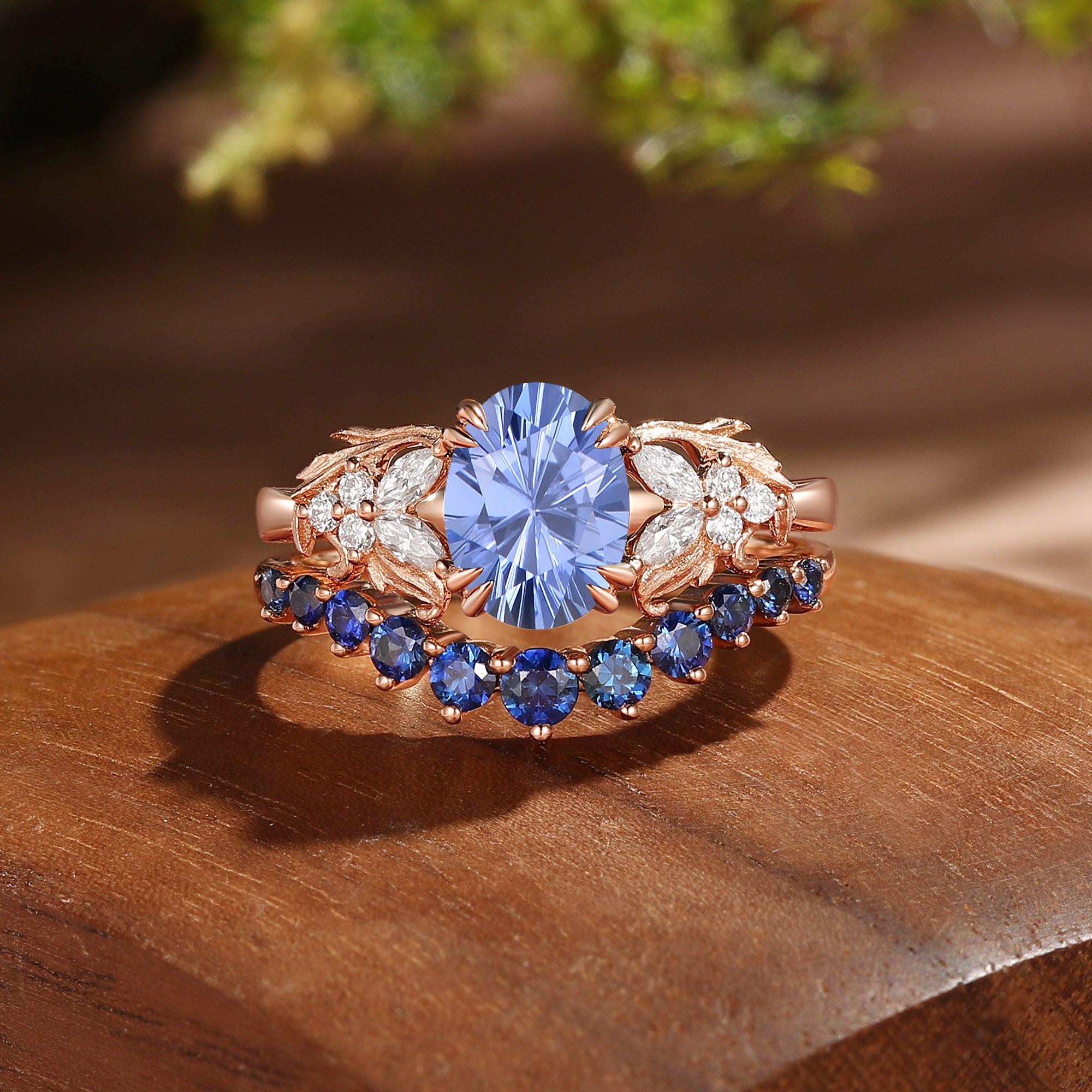 Basilia - Oval Firework Cut Cornflower Sapphire Acanthus Leaf Inspired Bridal Set 2pcs