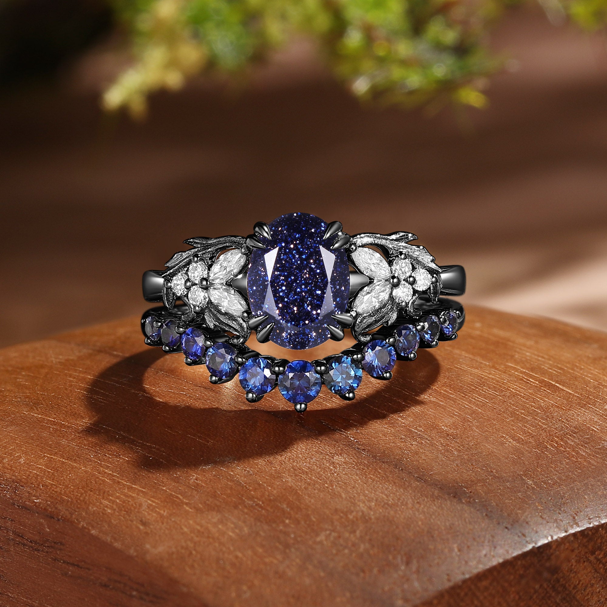 Basilia - Vintage Oval Cut Blue Sandstone Acanthus Leaf Inspired Cluster Bridal Set 2pcs