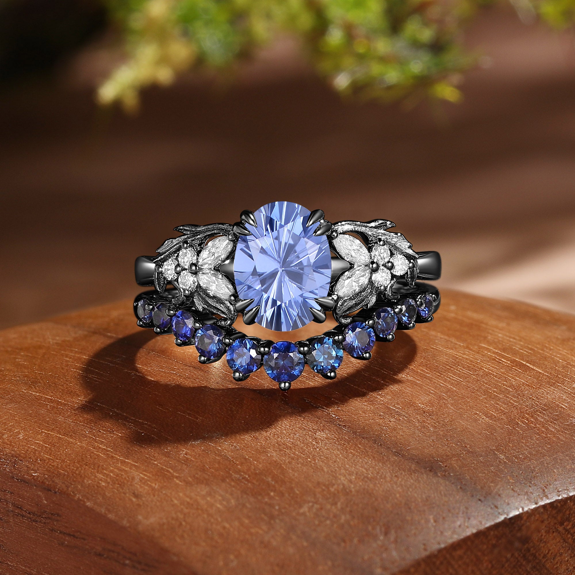 Basilia - Oval Firework Cut Cornflower Sapphire Acanthus Leaf Inspired Bridal Set 2pcs