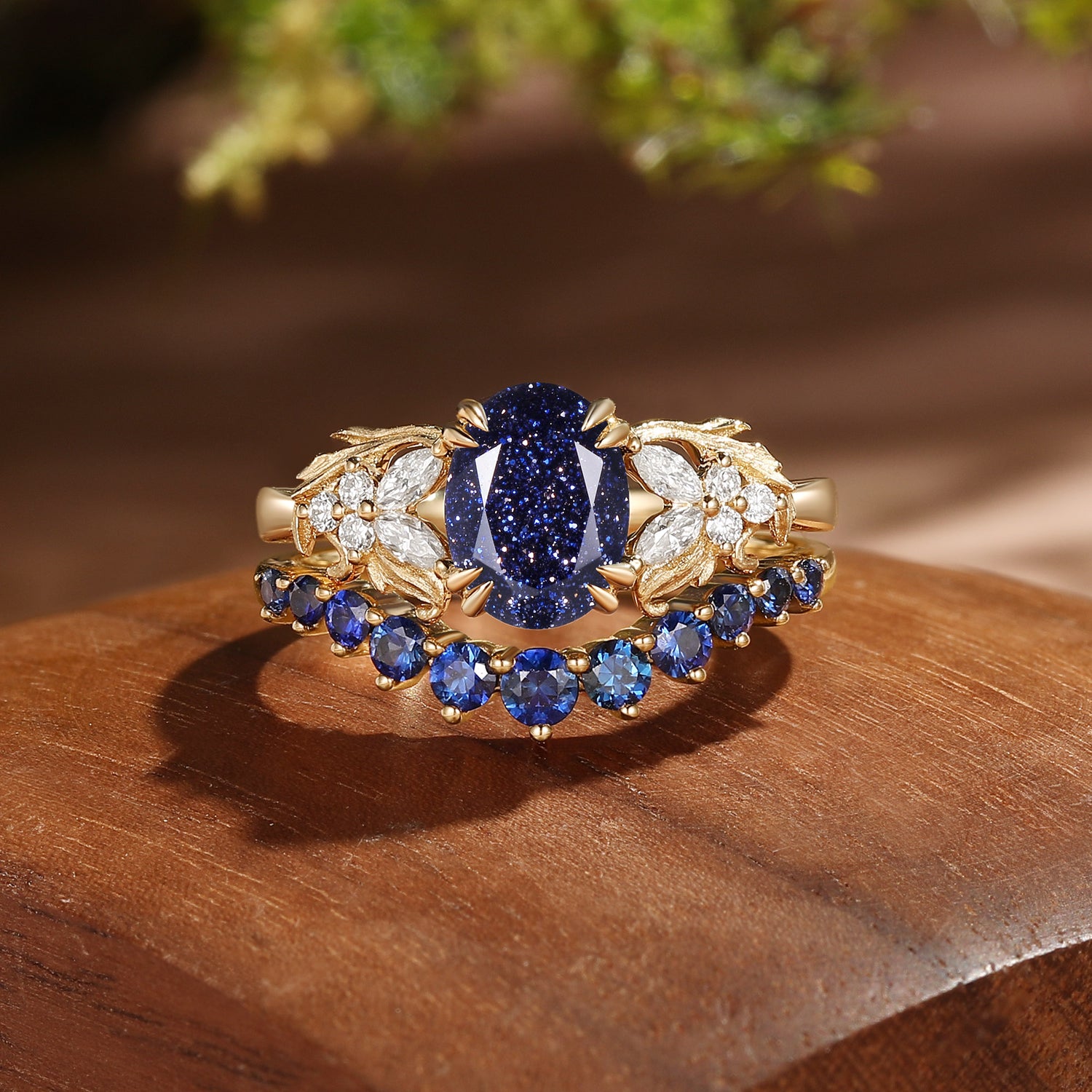 Basilia - Vintage Oval Cut Blue Sandstone Acanthus Leaf Inspired Cluster Bridal Set 2pcs