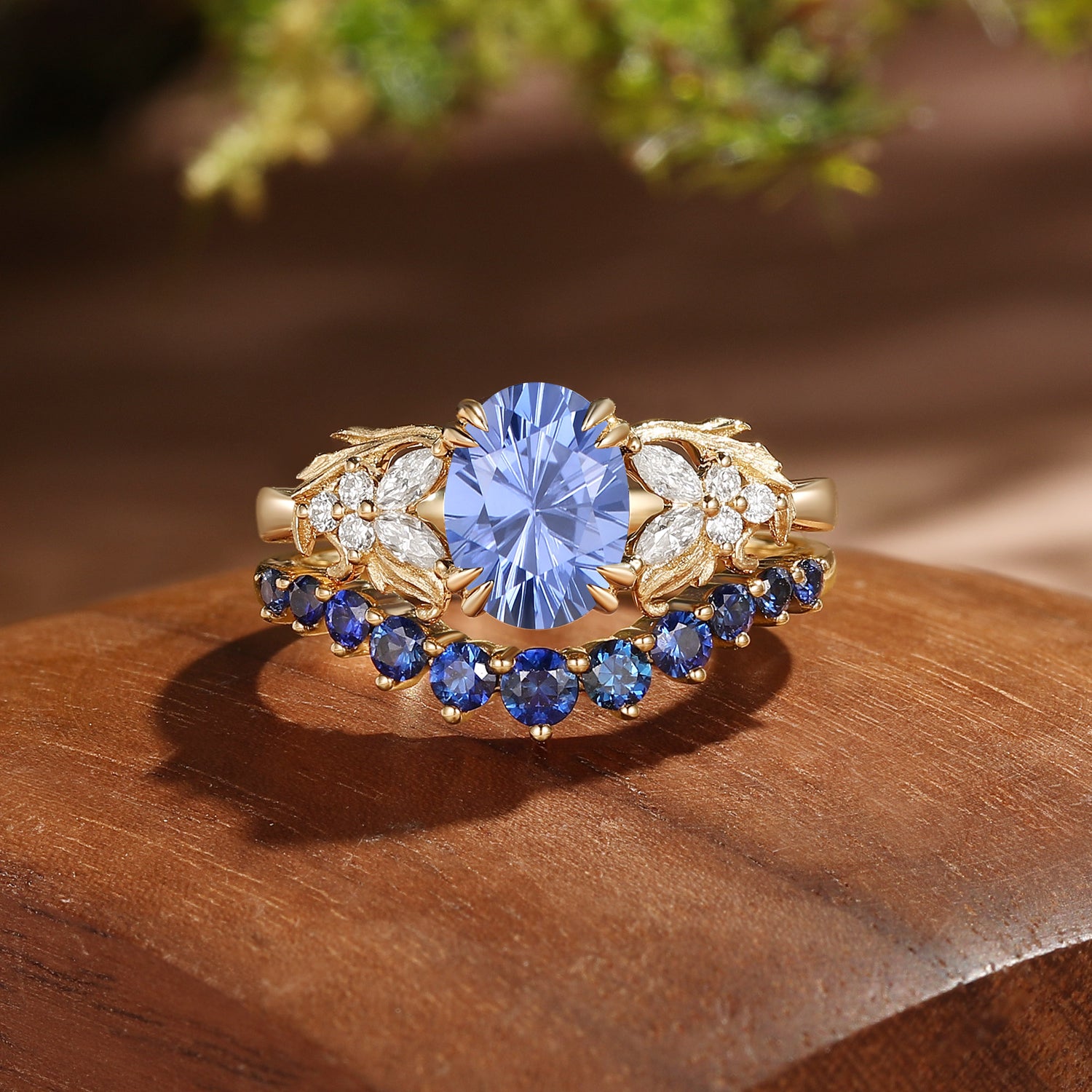 Basilia - Oval Firework Cut Cornflower Sapphire Acanthus Leaf Inspired Bridal Set 2pcs