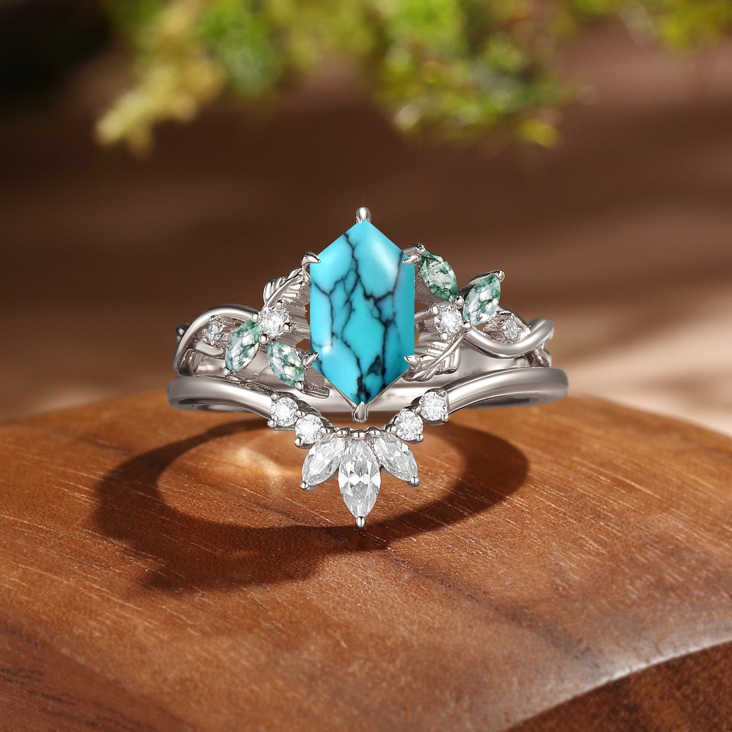Hexagon Cut Turquoise Oak Nature Inspired Cluster Engagement Ring 2pcs - Quilina