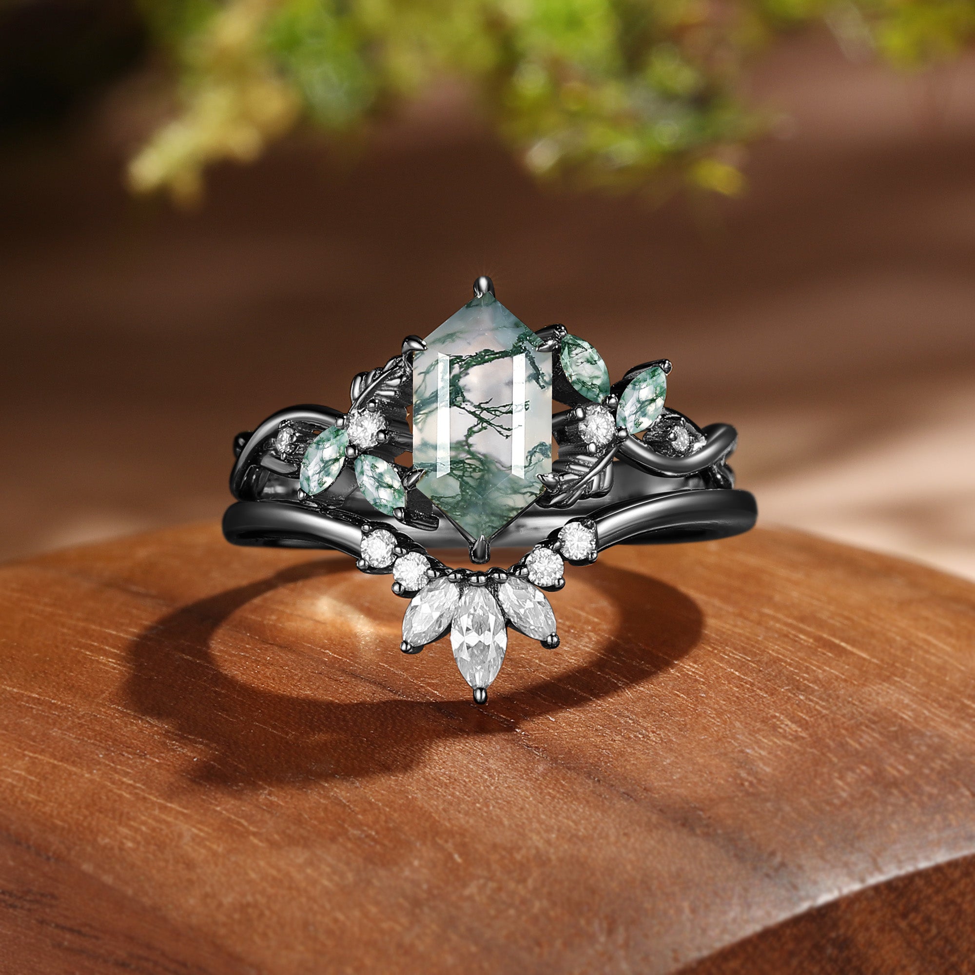 Quilina - Hexagon Cut Moss Agate Oak Nature Inspired Cluster Engagement Ring 2pcs