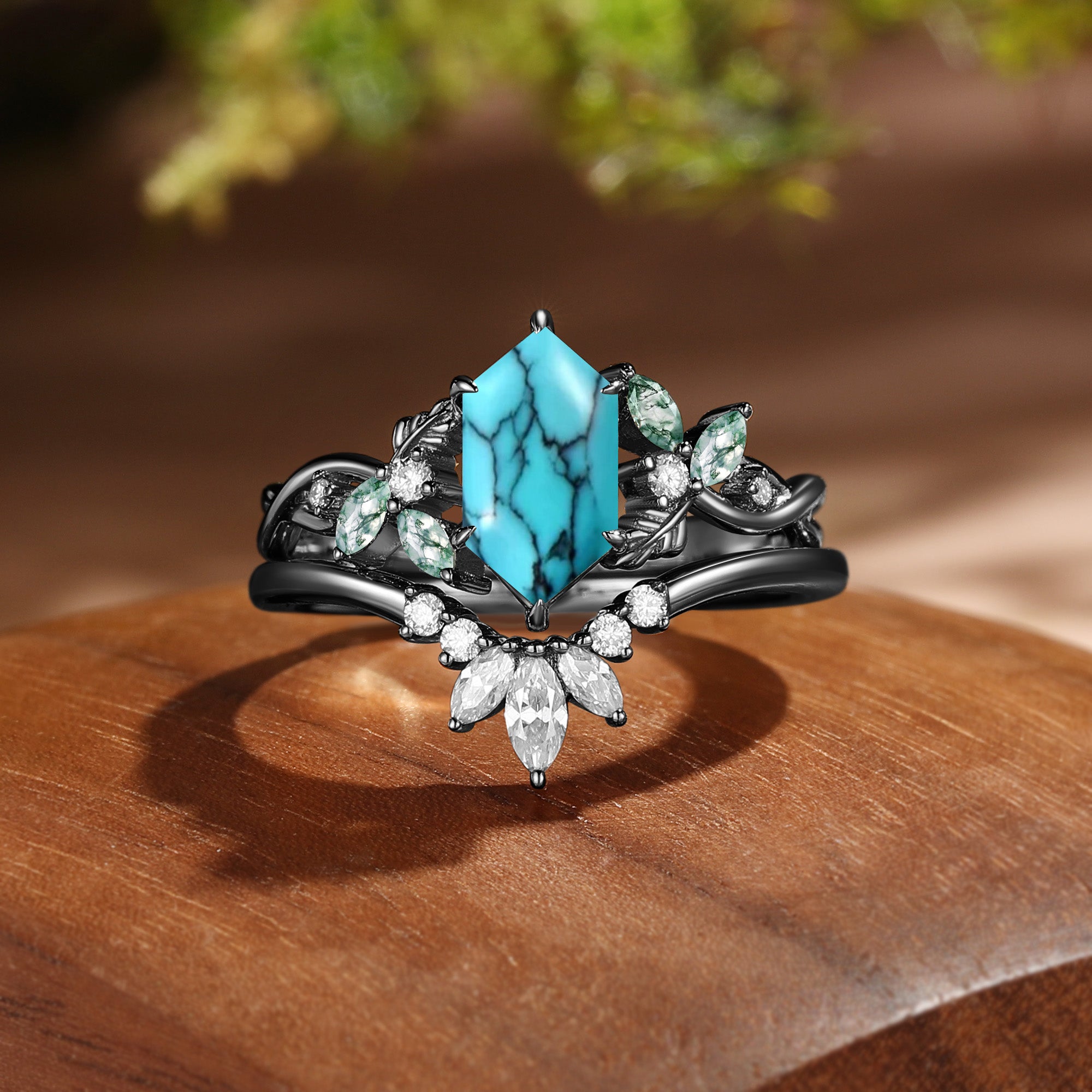 Hexagon Cut Turquoise Oak Nature Inspired Cluster Engagement Ring 2pcs - Quilina