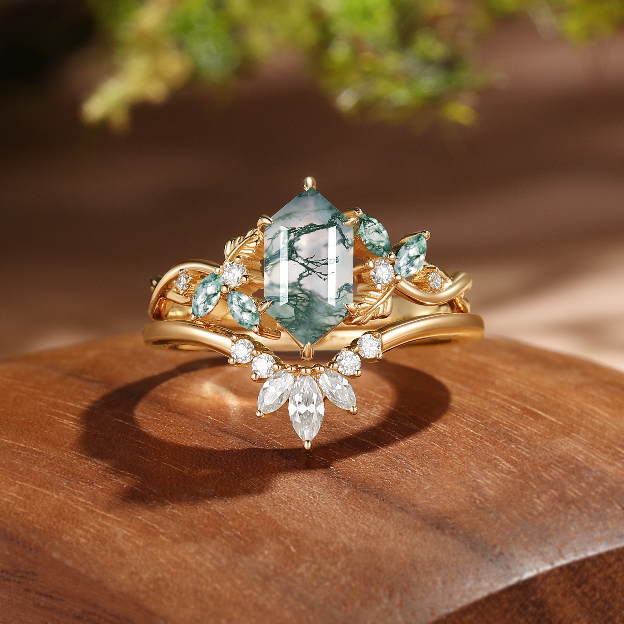 Quilina - Hexagon Cut Moss Agate Oak Nature Inspired Cluster Engagement Ring 2pcs