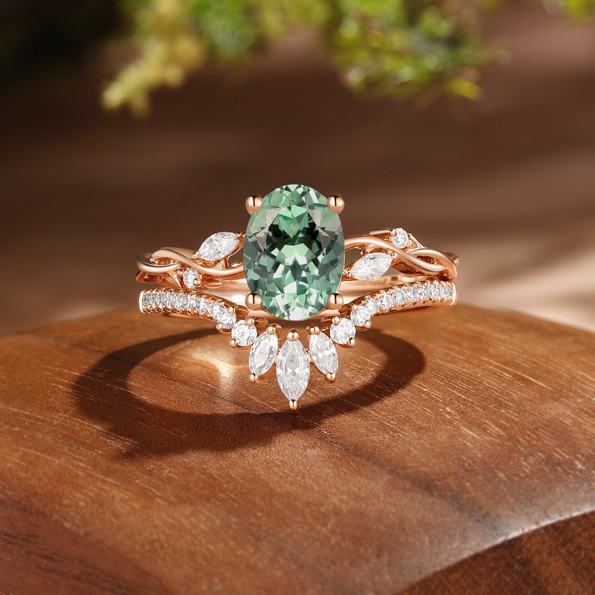 Coralie - Lab Mint Green Sapphire Twist Engagement Ring Set 2pcs