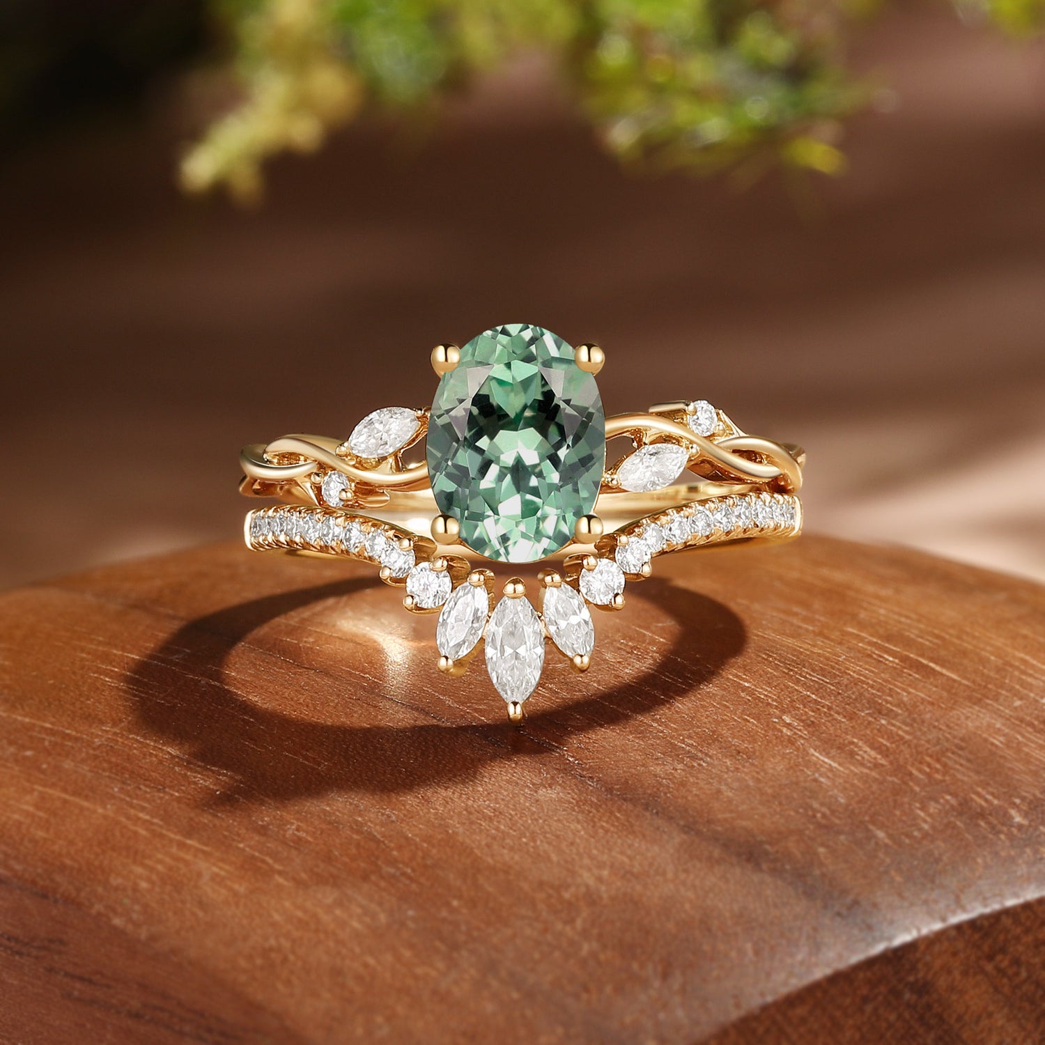 Coralie - Lab Mint Green Sapphire Twist Engagement Ring Set 2pcs