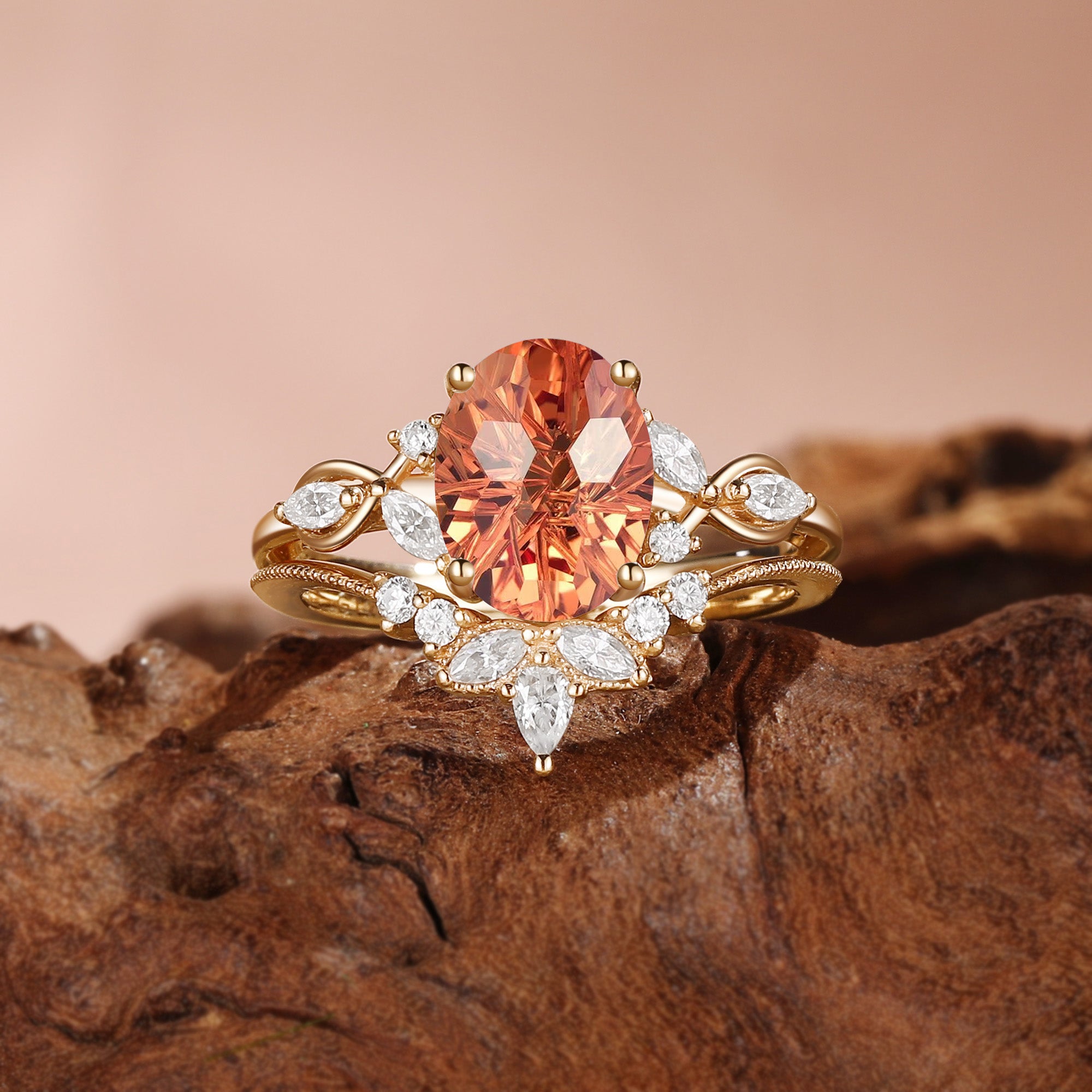 Nola - Oval Firewok Cut Orange Sapphire Twist Bridal Set 2pcs