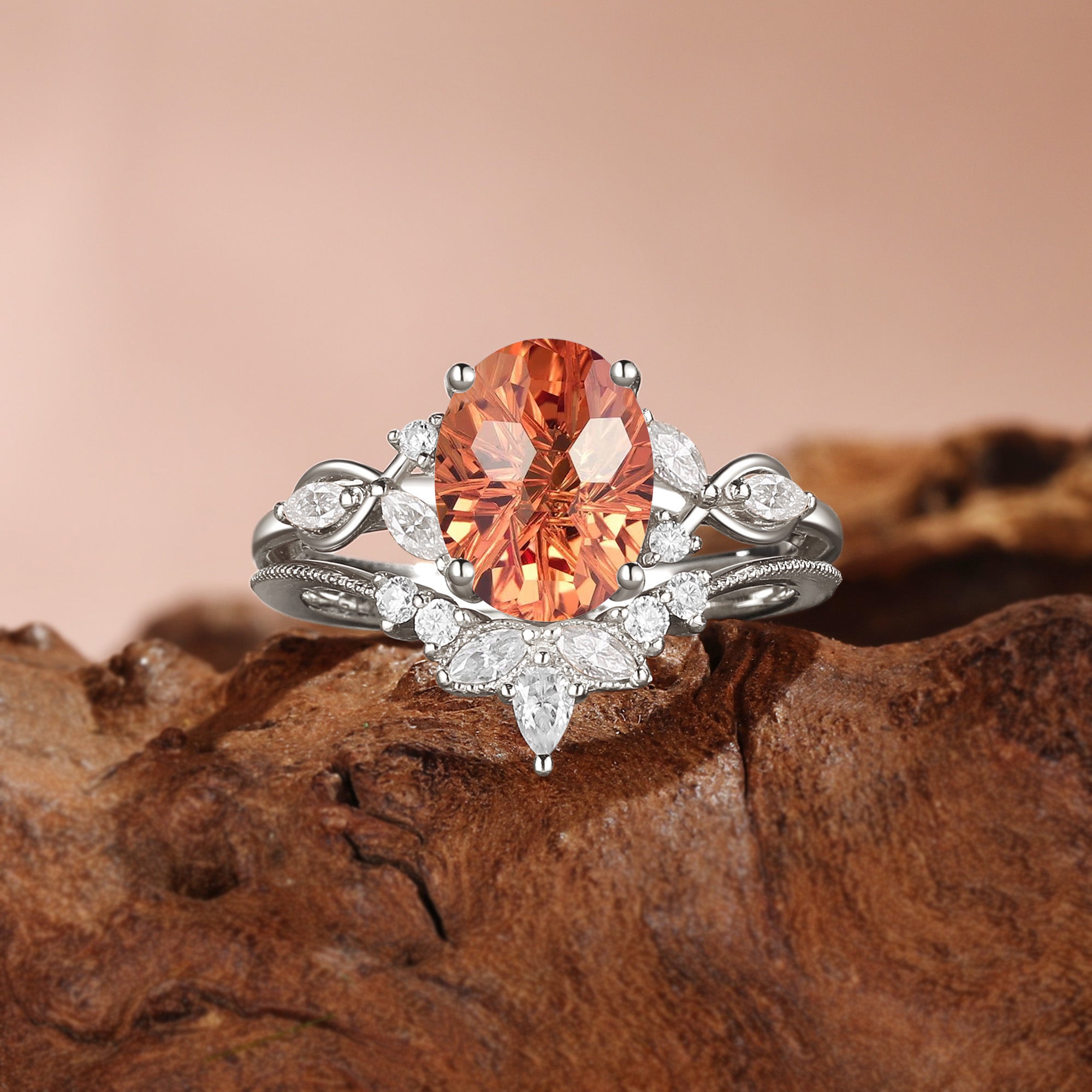 Nola - Oval Firewok Cut Orange Sapphire Twist Bridal Set 2pcs