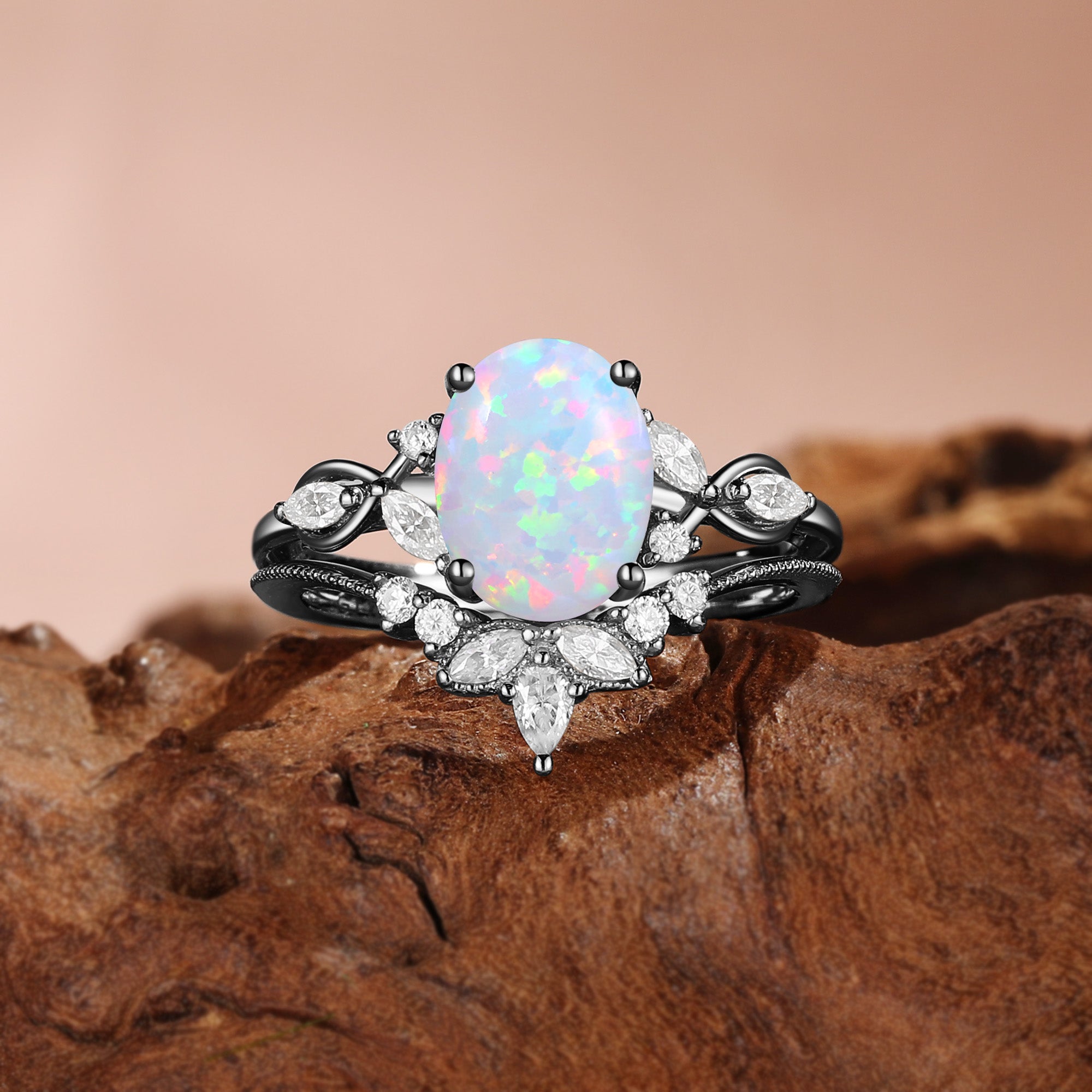 Nola - Vintage Three Stone Oval Cut Opal Twist Bridal Set 2pcs