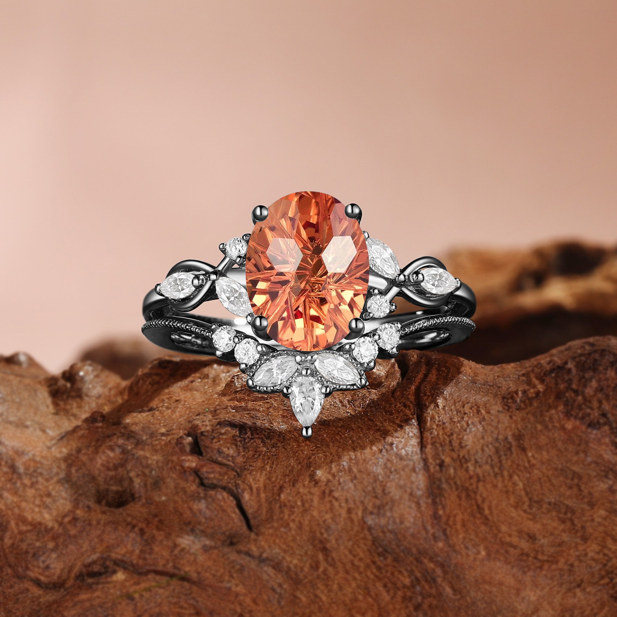 Nola - Oval Firewok Cut Orange Sapphire Twist Bridal Set 2pcs