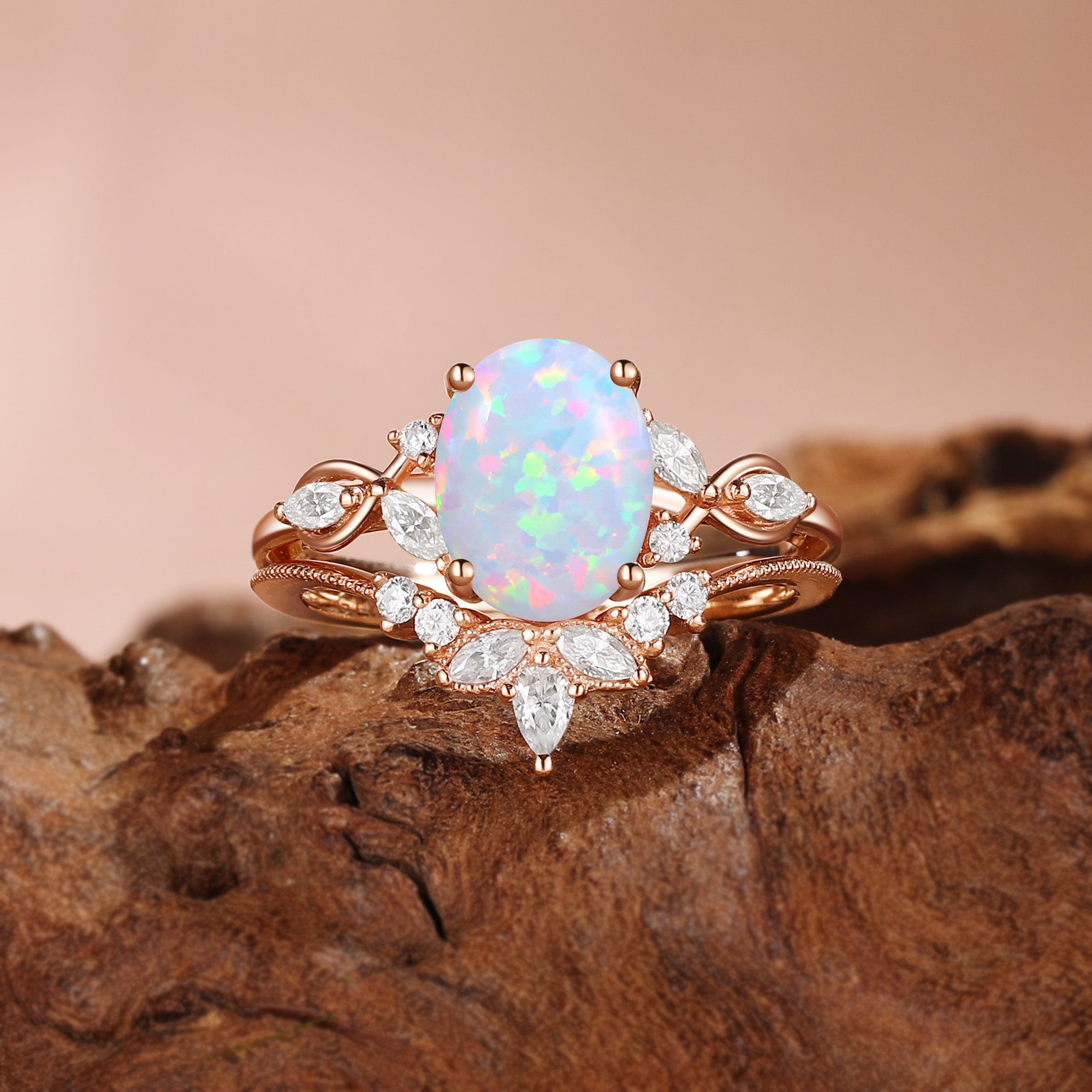 Nola - Vintage Three Stone Oval Cut Opal Twist Bridal Set 2pcs