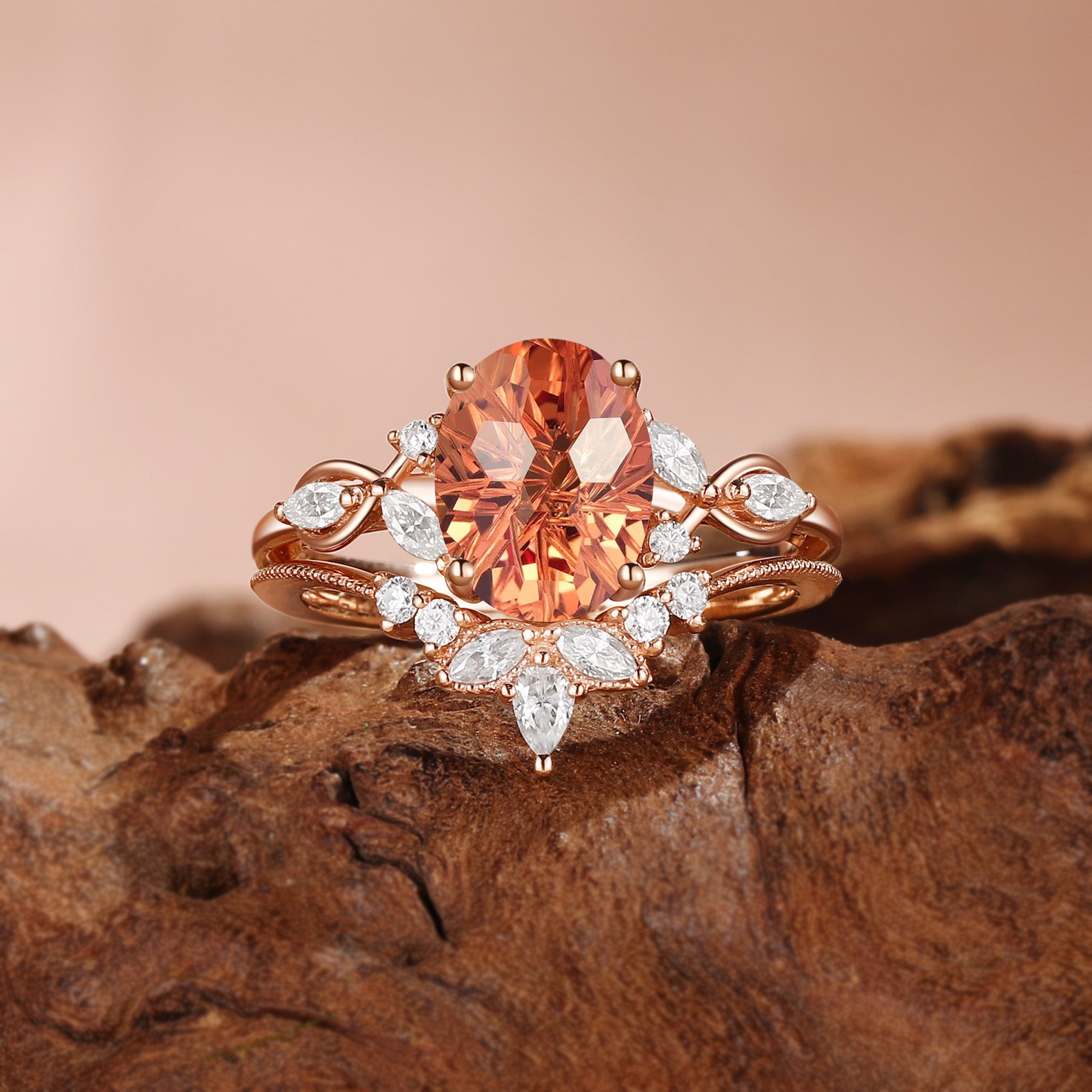 Nola - Oval Firewok Cut Orange Sapphire Twist Bridal Set 2pcs