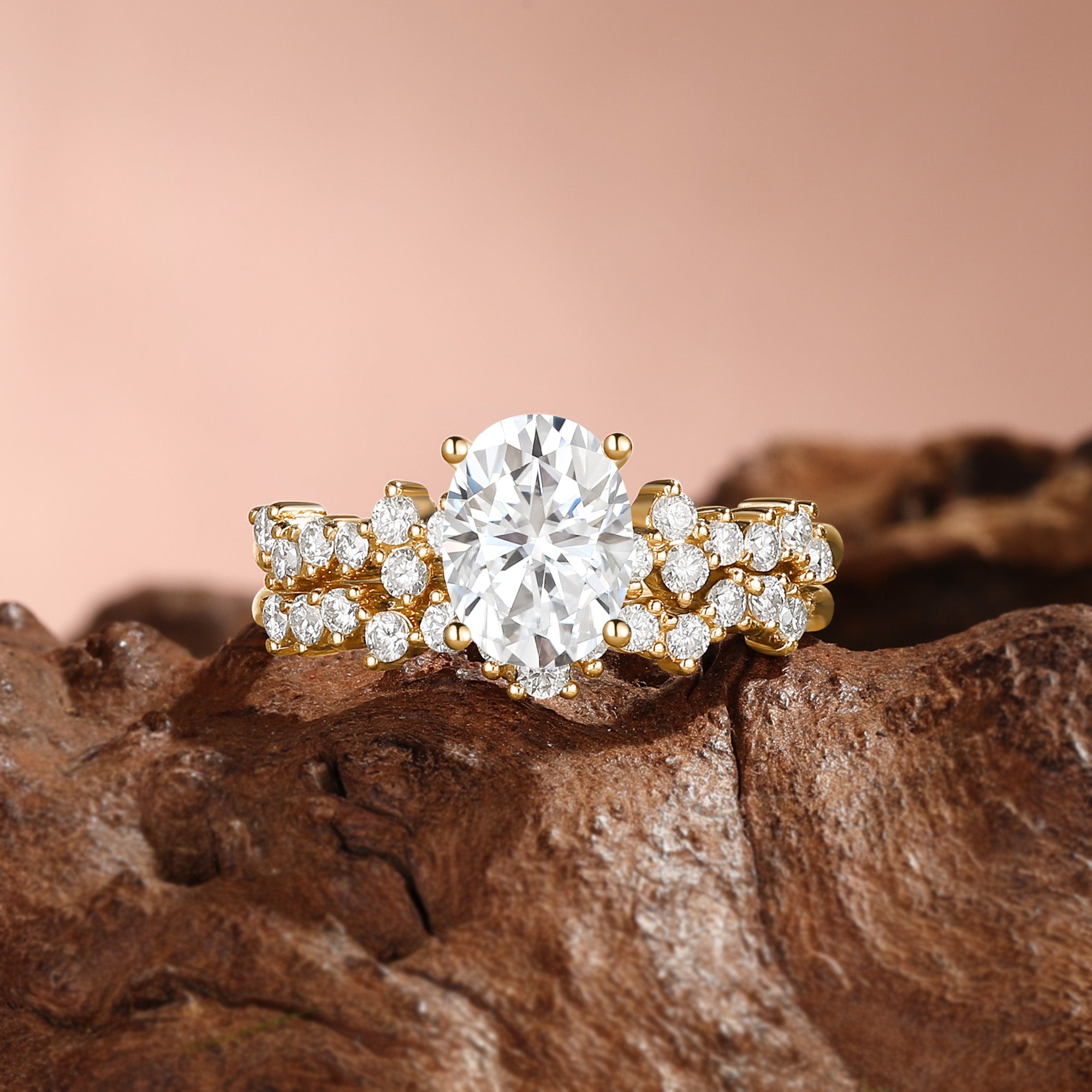 Esme - Unique Oval Cut  Moissanite Cluster Engagement Ring Set 2pcs