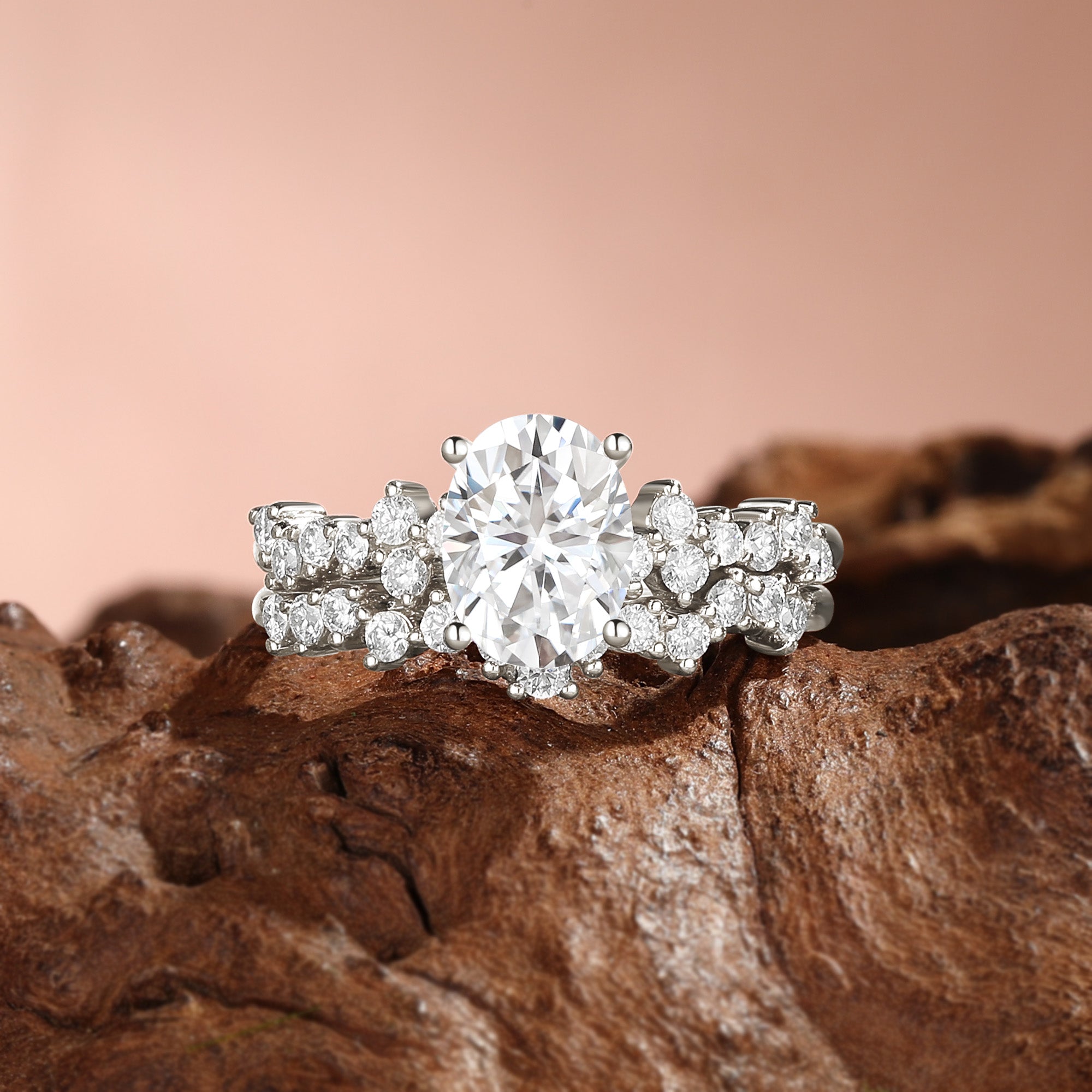 Esme - Unique Oval Cut  Moissanite Cluster Engagement Ring Set 2pcs