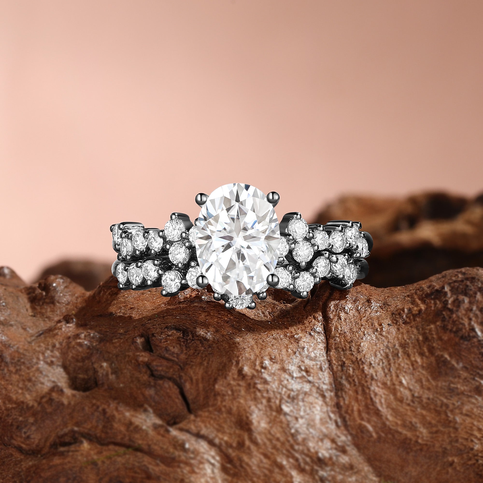 Esme - Unique Oval Cut  Moissanite Cluster Engagement Ring Set 2pcs