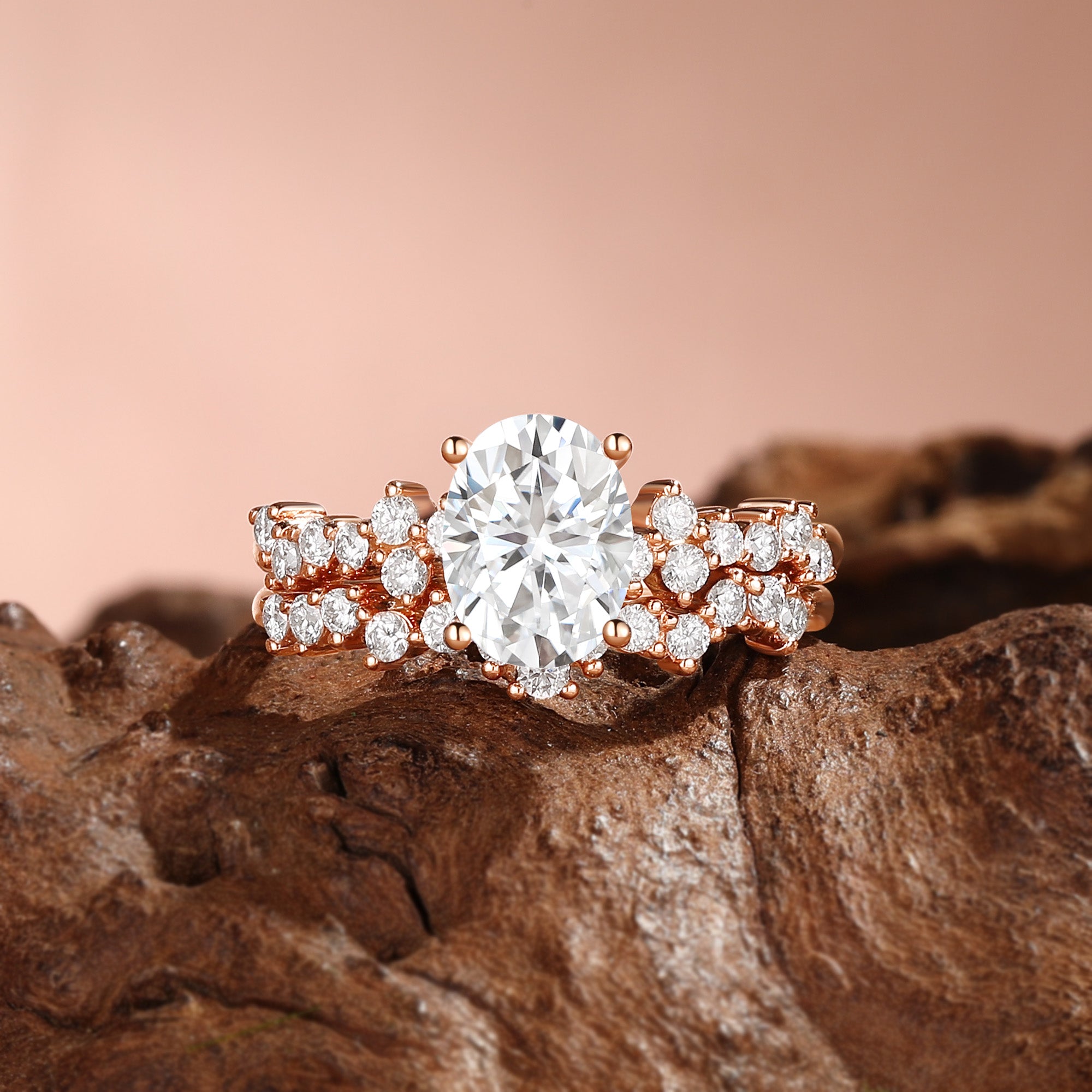 Esme - Unique Oval Cut  Moissanite Cluster Engagement Ring Set 2pcs