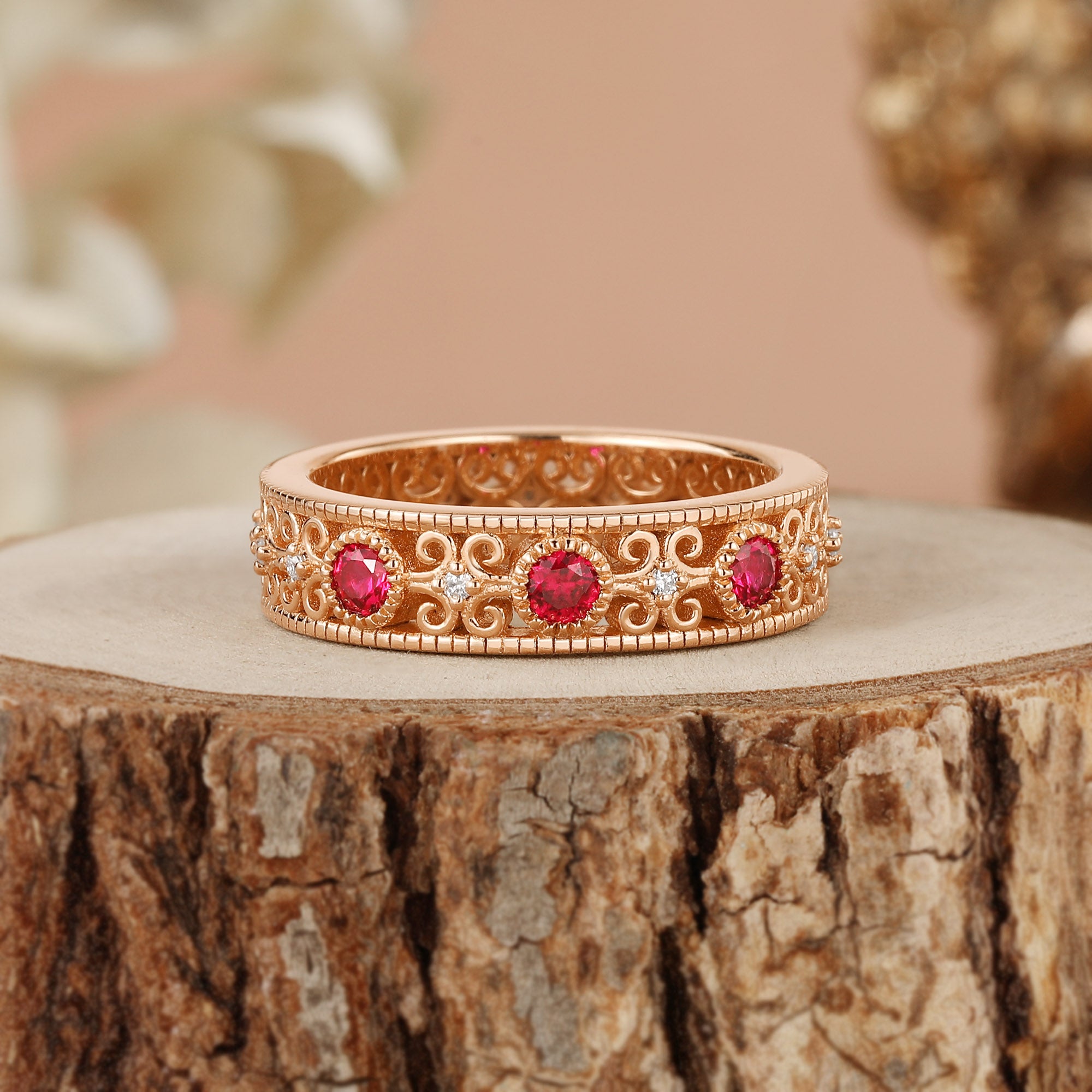 Antique Style Ruby Filigree Men Band - Rowan