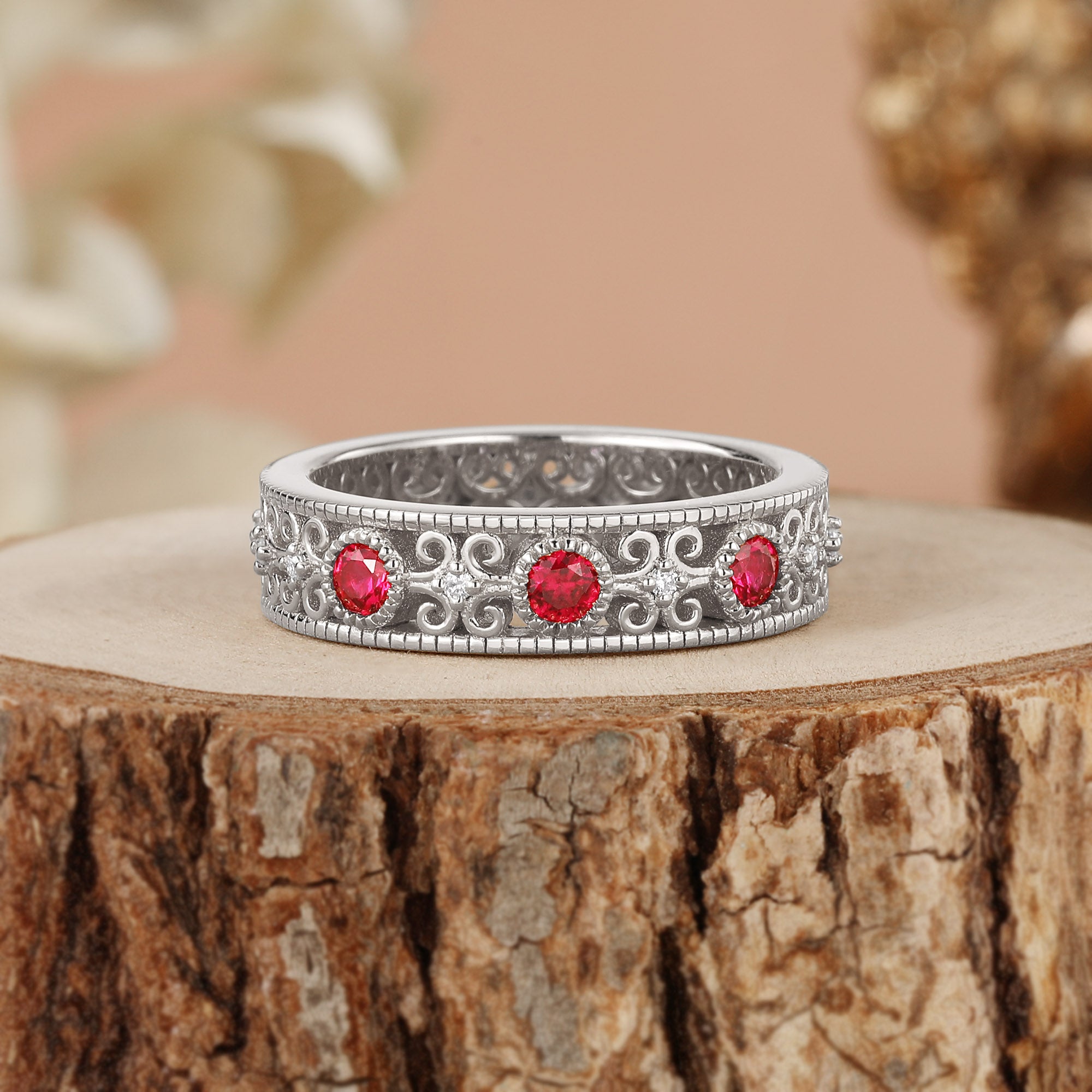Antique Style Ruby Filigree Men Band - Rowan