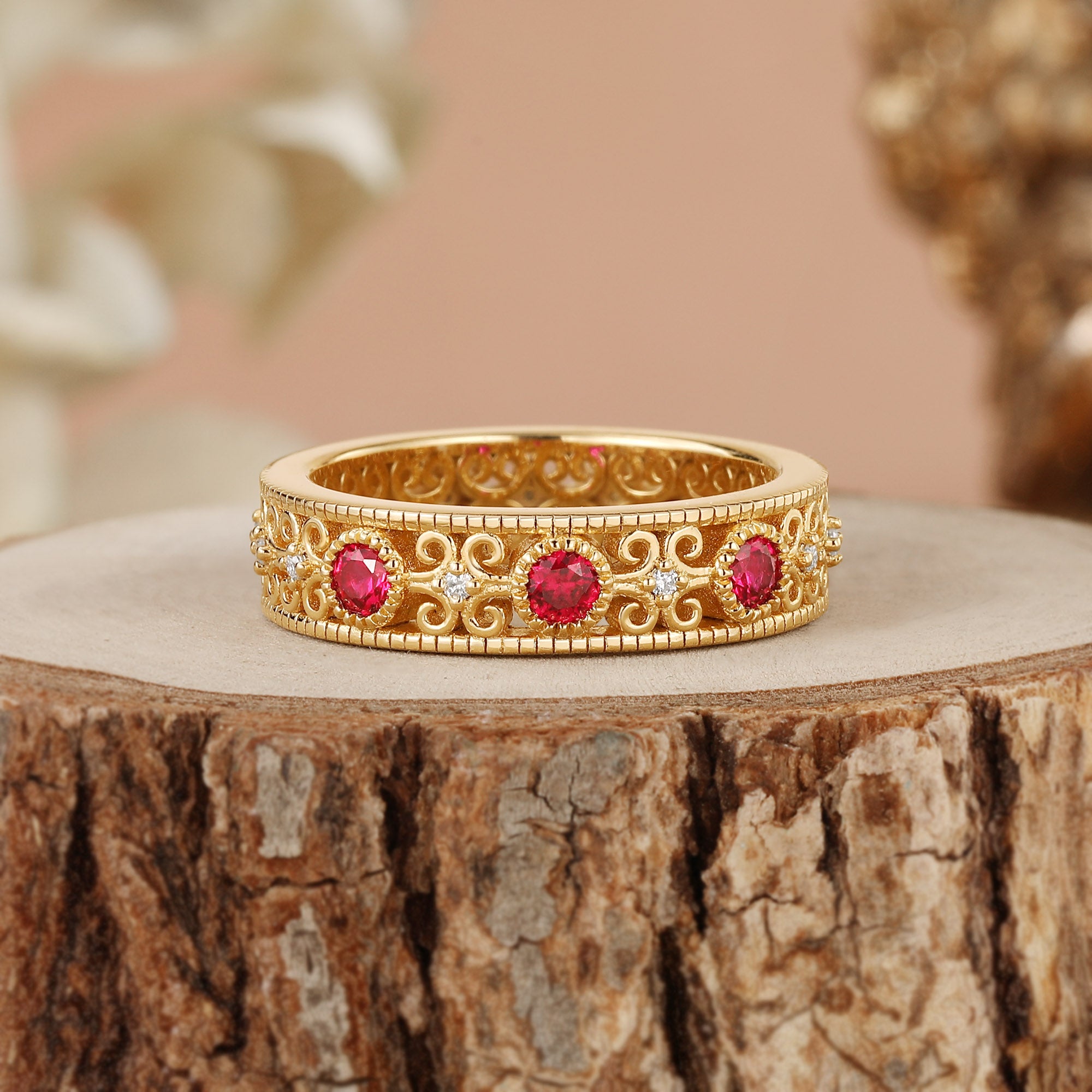 Antique Style Ruby Filigree Men Band - Rowan