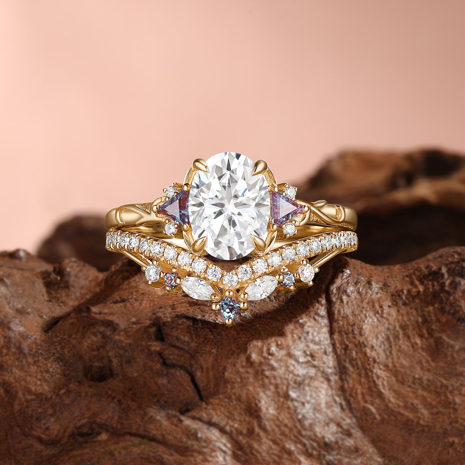 Melisande - Classic Oval Cut  Moissanite Vine Gold Engagement Ring Set 2Pcs