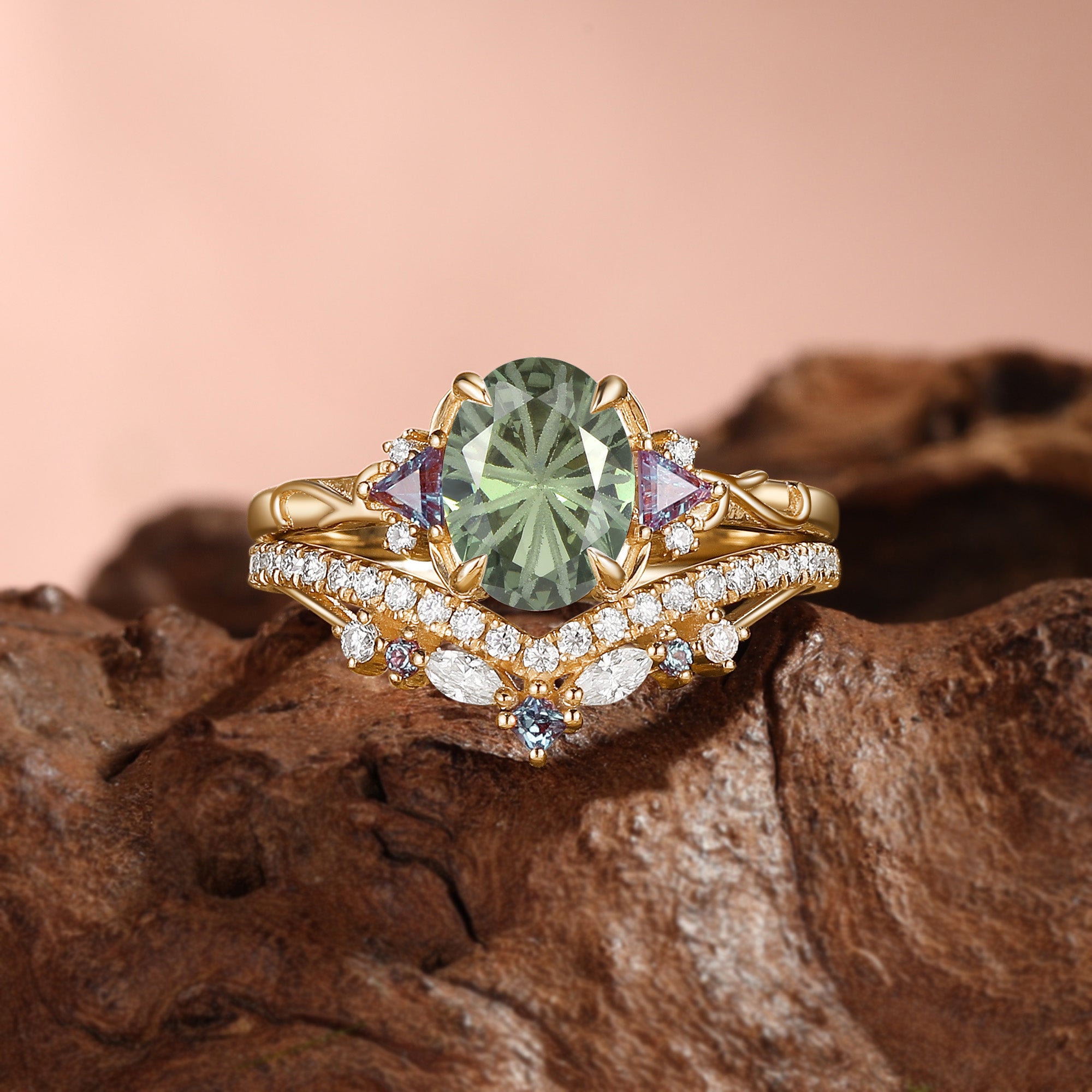 Classic Firework Oval Cut  Green Sapphire Vine Gold Engagement Ring Set 2Pcs - Melisande
