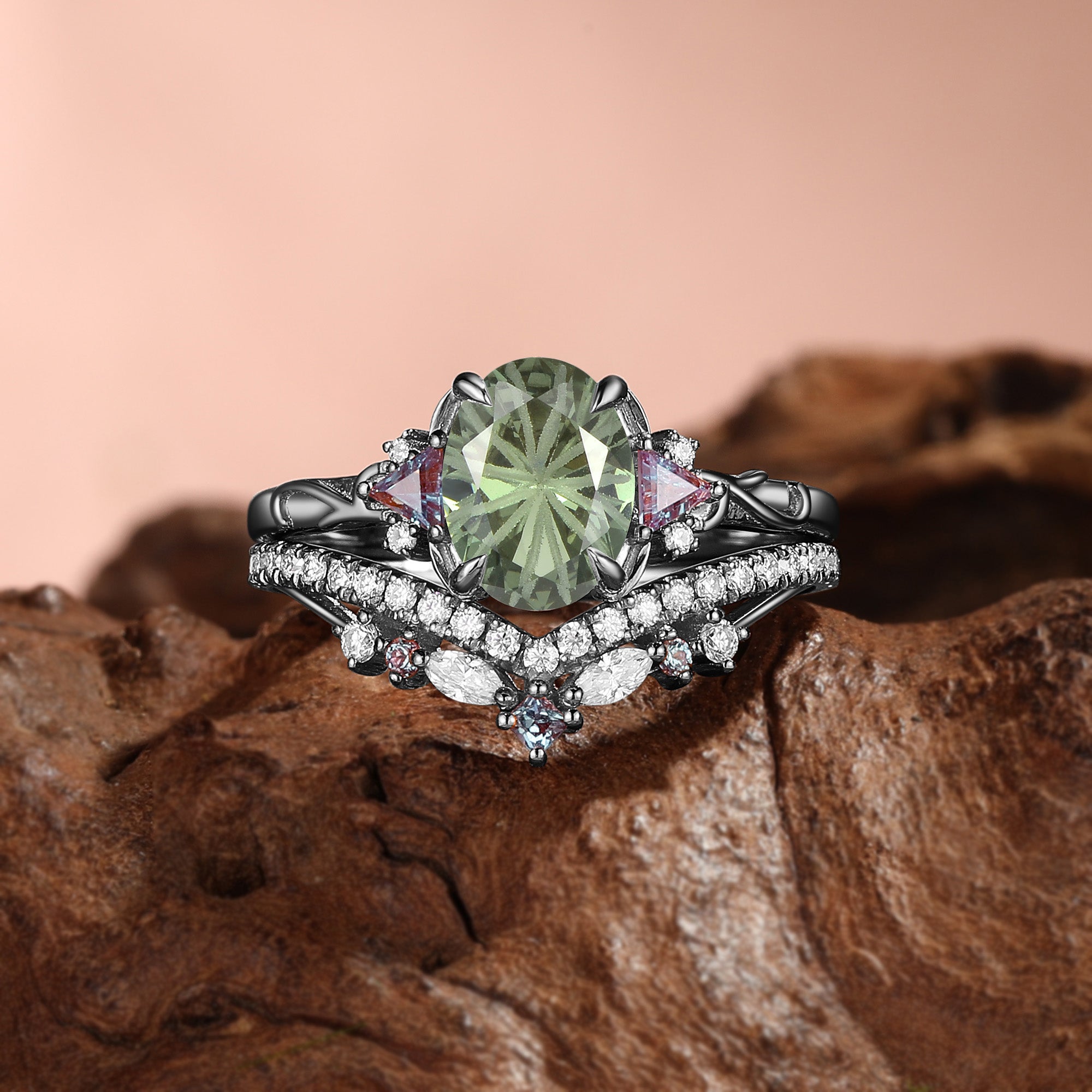 Classic Firework Oval Cut  Green Sapphire Vine Gold Engagement Ring Set 2Pcs - Melisande