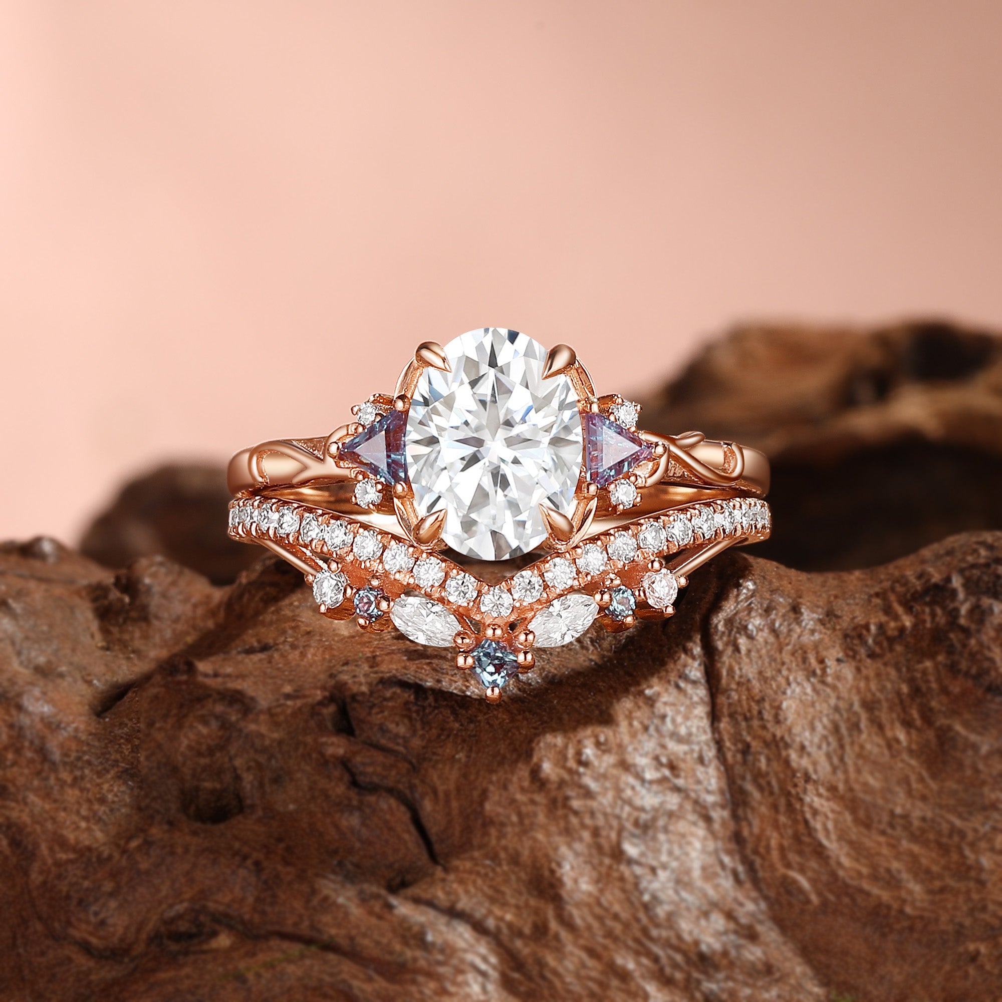 Melisande - Classic Oval Cut  Moissanite Vine Gold Engagement Ring Set 2Pcs