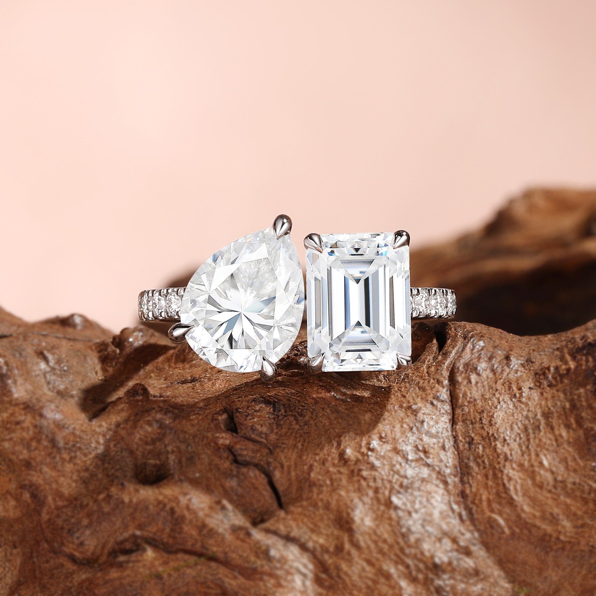 Isolde - Dainty Toi Et Moi  Pear & Emerald Cut Moissanite  Two Stone Engagement Ring