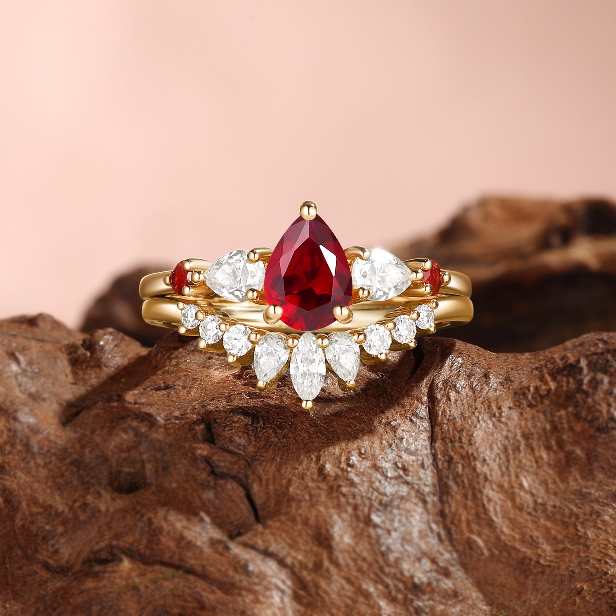 Three Stone Pear Cut Garnet Cluster Bridal Set 2pcs - Elaia