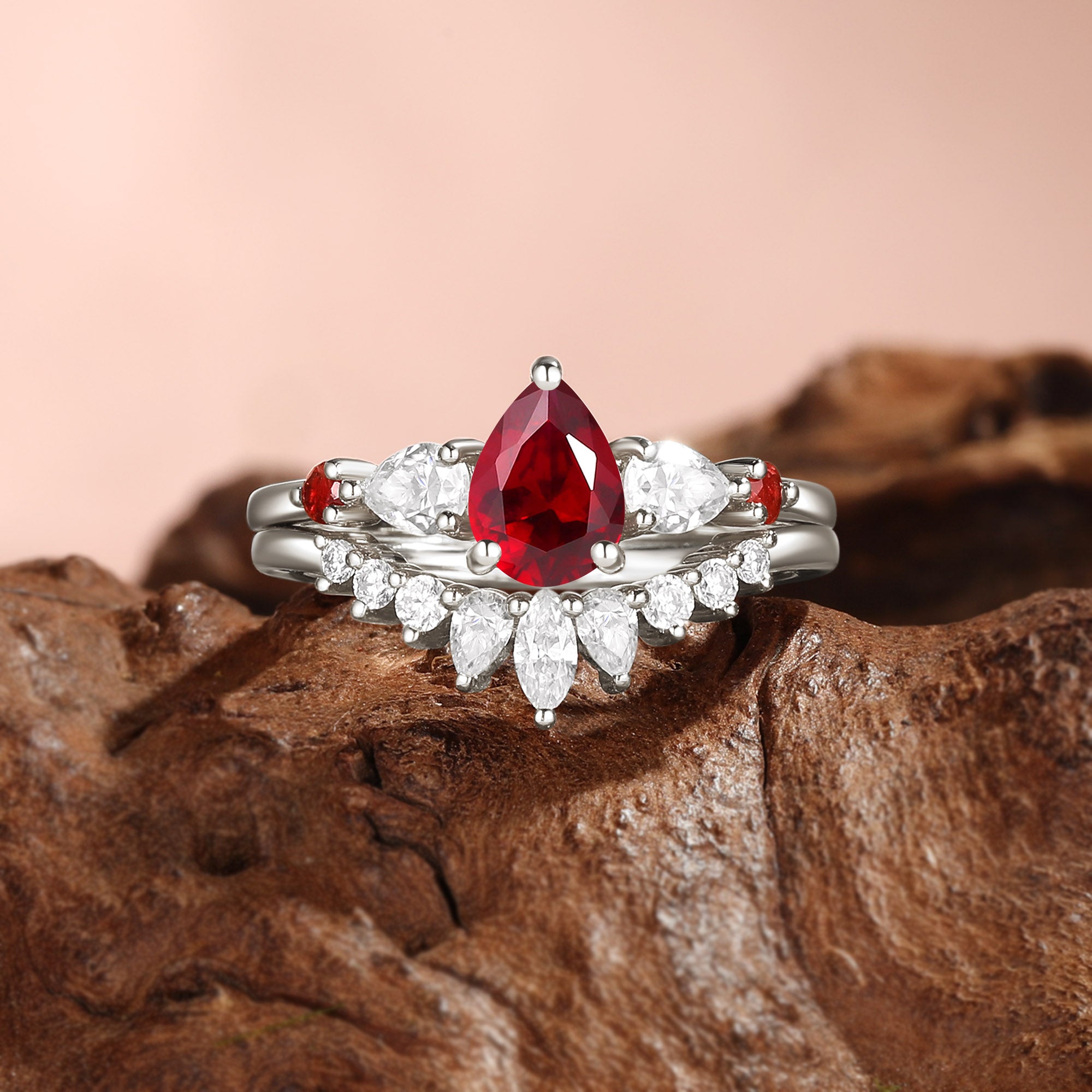 Three Stone Pear Cut Garnet Cluster Bridal Set 2pcs - Elaia