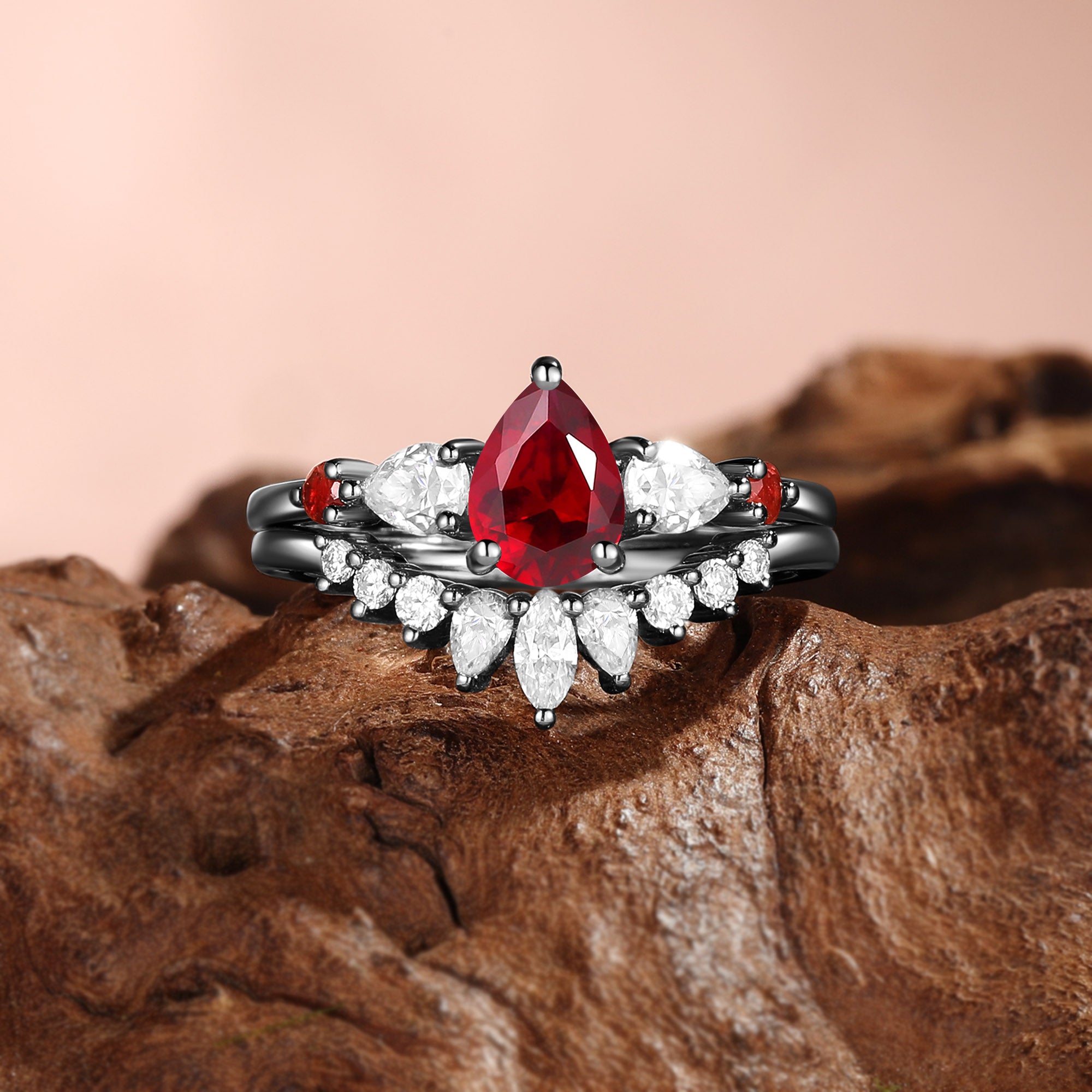 Three Stone Pear Cut Garnet Cluster Bridal Set 2pcs - Elaia