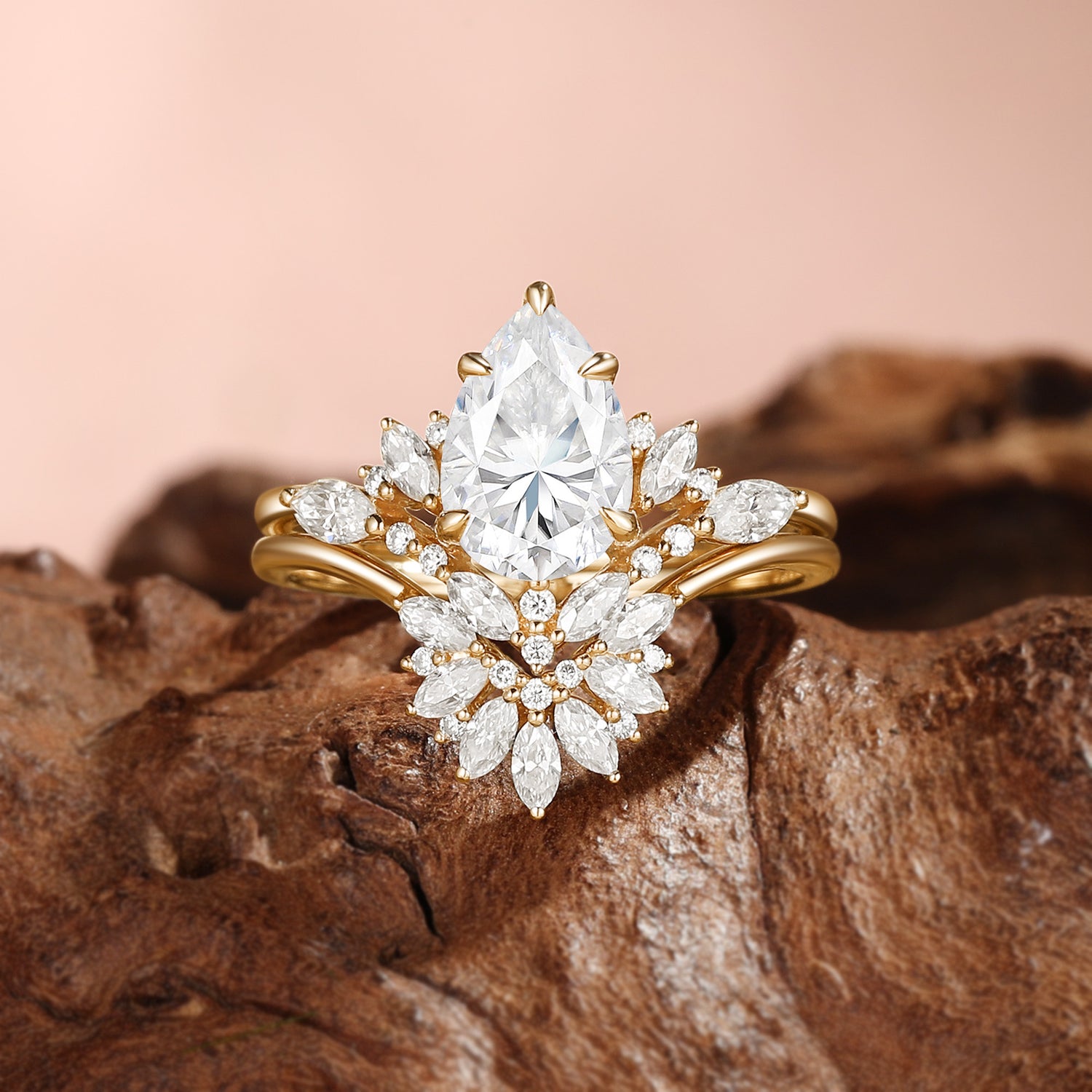 Pear Cut Moissanite Flower Stone Inspired Cluster Bridal Sets 2pcs - Fiona