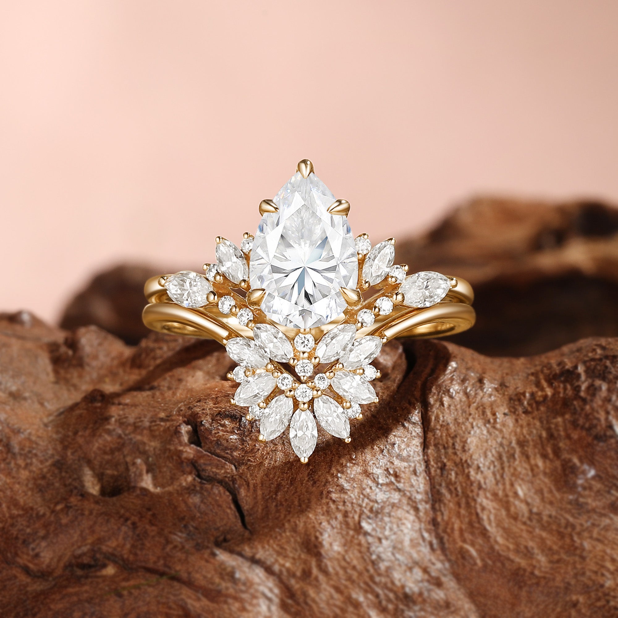 Pear Cut Moissanite Flower Stone Inspired Cluster Bridal Sets 2pcs - Fiona