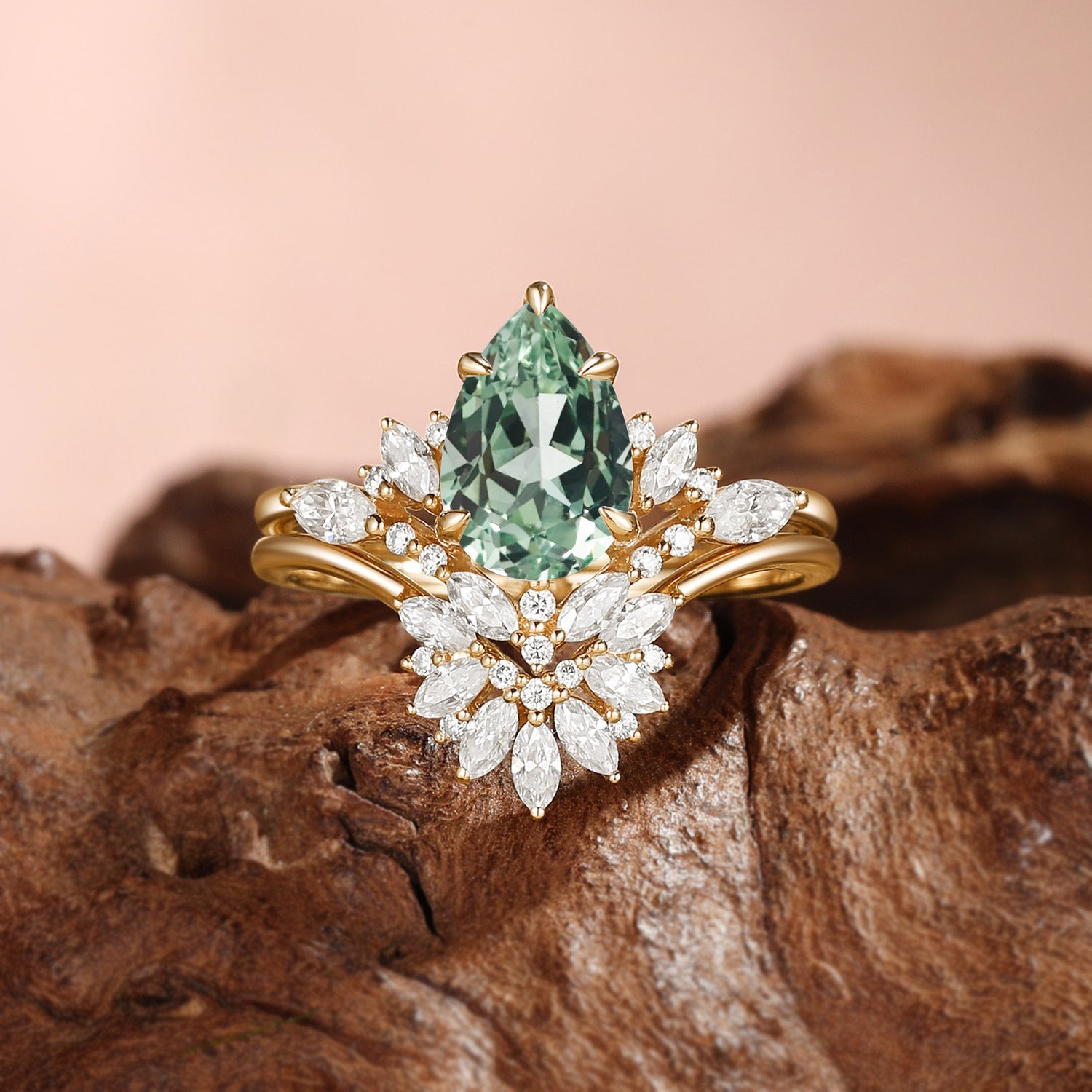 Pear Cut Green Sapphire Flower Stone Inspired Cluster Bridal Sets 2pcs - Fiona
