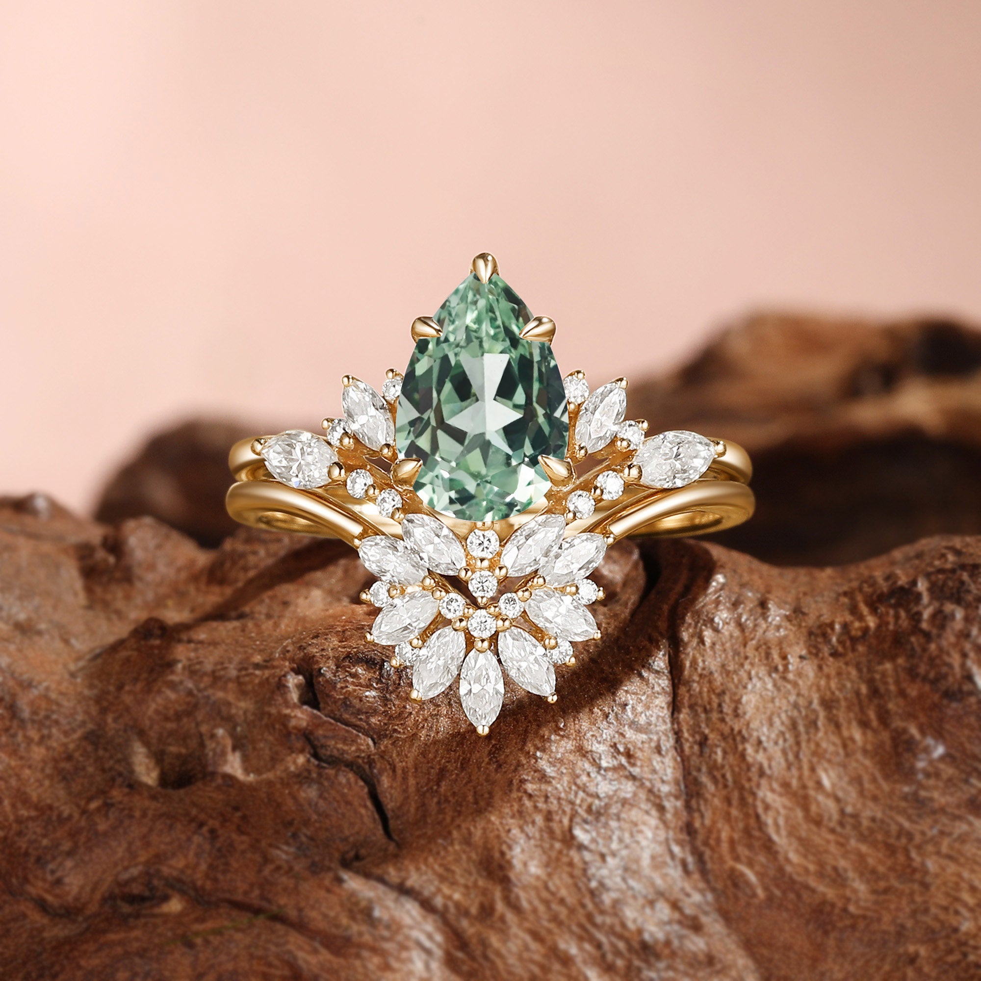 Pear Cut Green Sapphire Flower Stone Inspired Cluster Bridal Sets 2pcs - Fiona