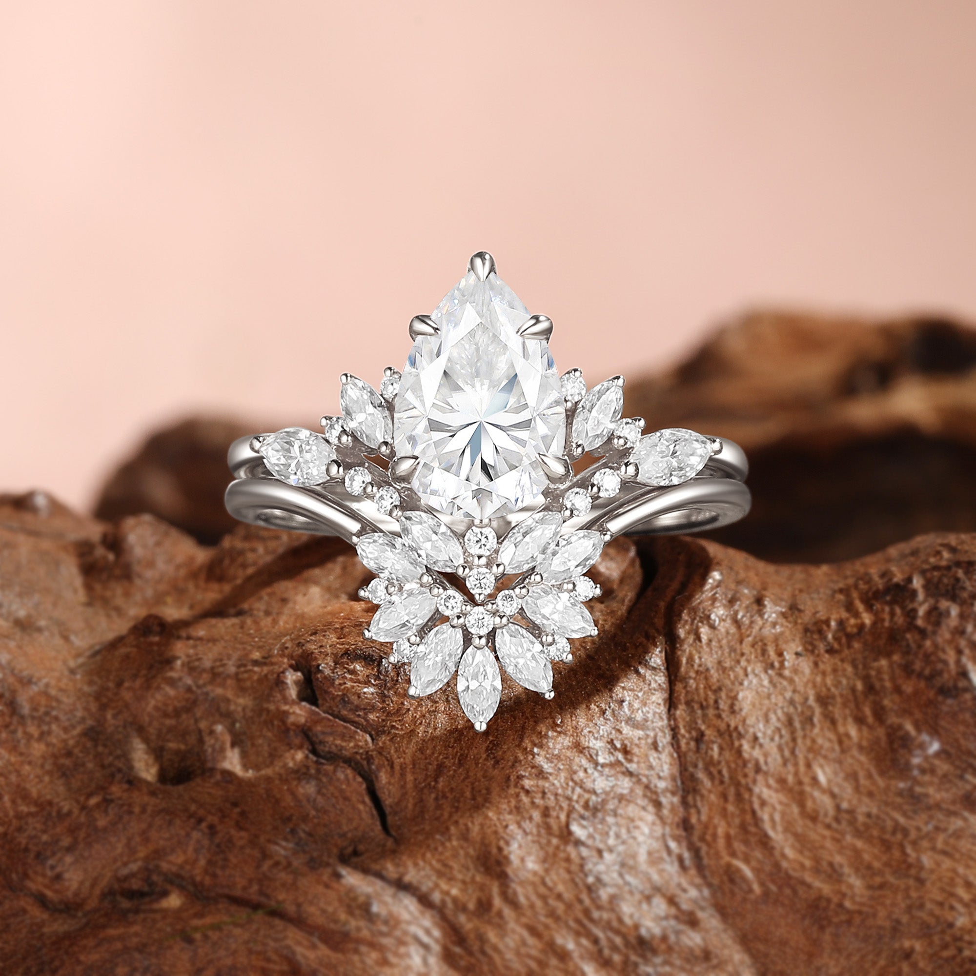 Pear Cut Moissanite Flower Stone Inspired Cluster Bridal Sets 2pcs - Fiona