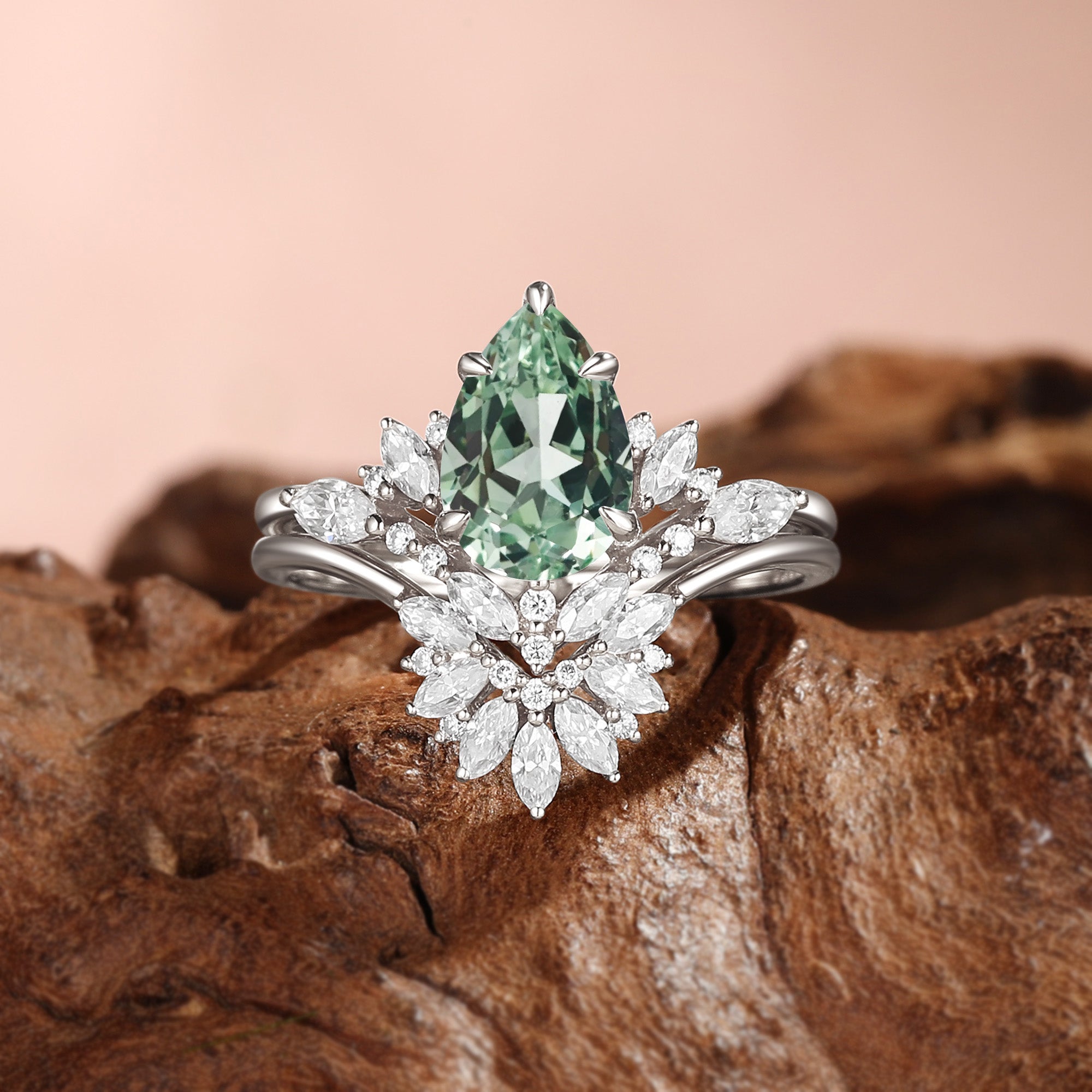 Pear Cut Green Sapphire Flower Stone Inspired Cluster Bridal Sets 2pcs - Fiona