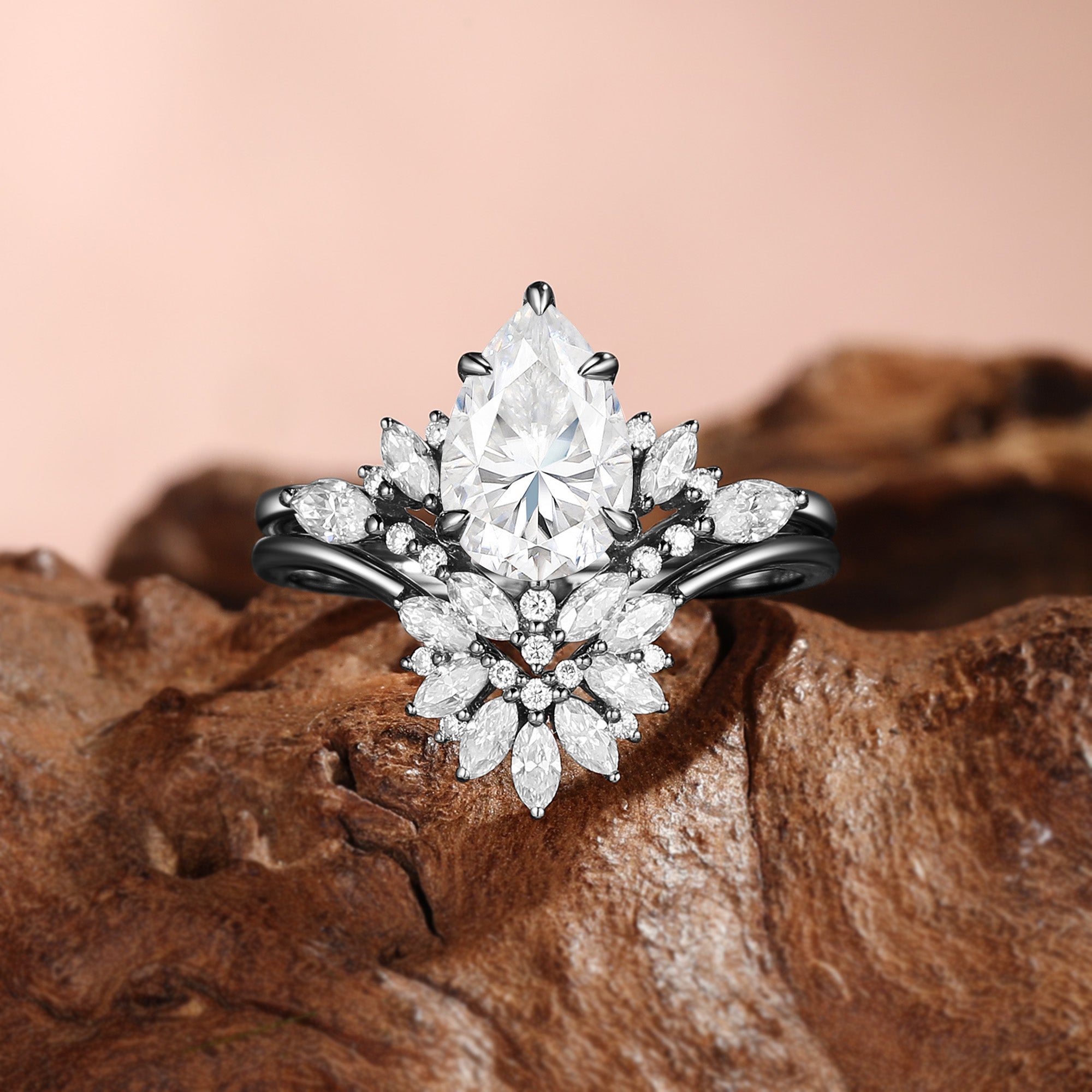 Pear Cut Moissanite Flower Stone Inspired Cluster Bridal Sets 2pcs - Fiona