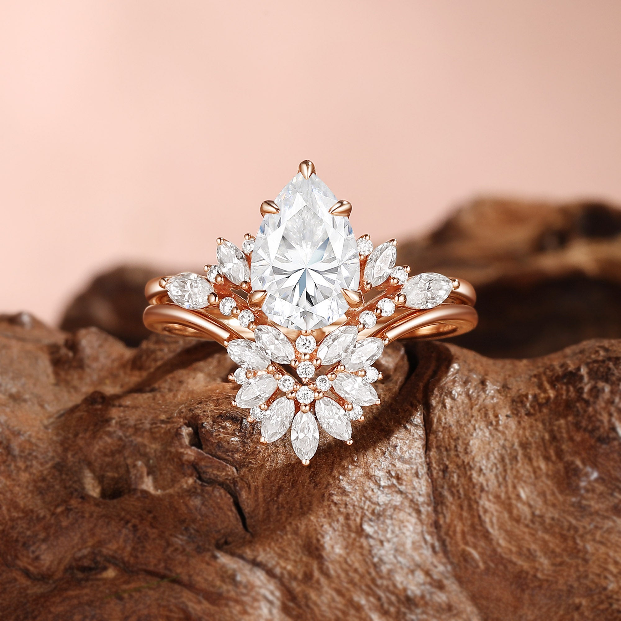 Pear Cut Moissanite Flower Stone Inspired Cluster Bridal Sets 2pcs - Fiona