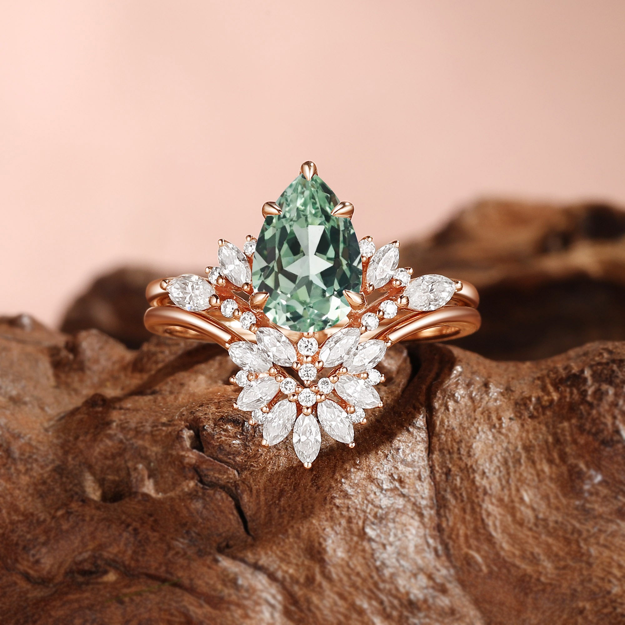 Pear Cut Green Sapphire Flower Stone Inspired Cluster Bridal Sets 2pcs - Fiona