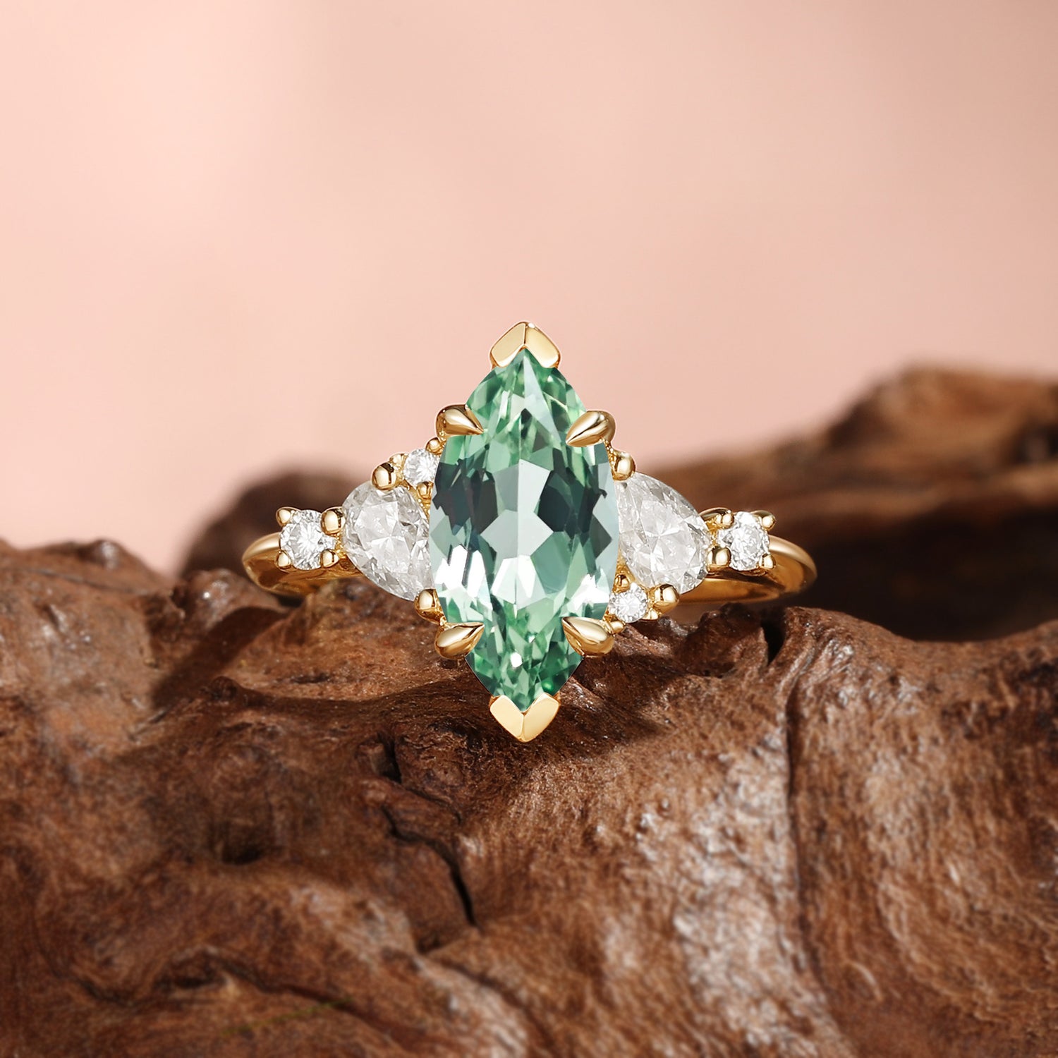 Vintage Three Stone Marquise Cut Green Sapphire Engagement Ring - Mavelle
