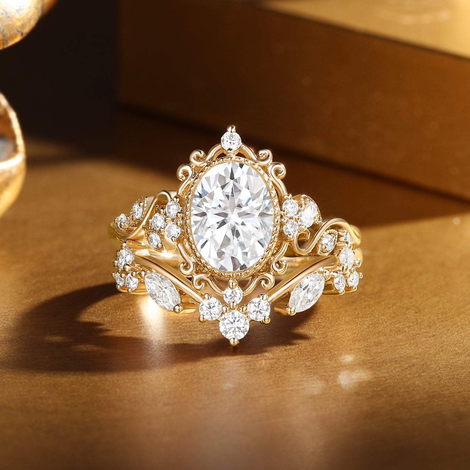 Oval Cut Lab Grown Diamond Vintage Filigree Bridal Set 2pcs - Josette