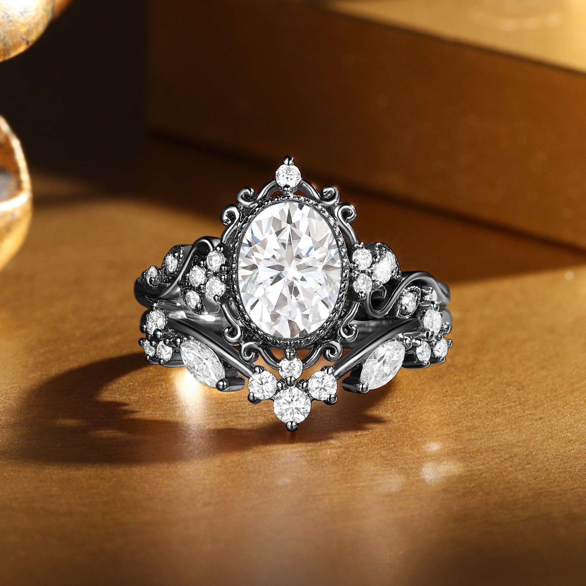 Oval Cut Lab Grown Diamond Vintage Filigree Bridal Set 2pcs - Josette