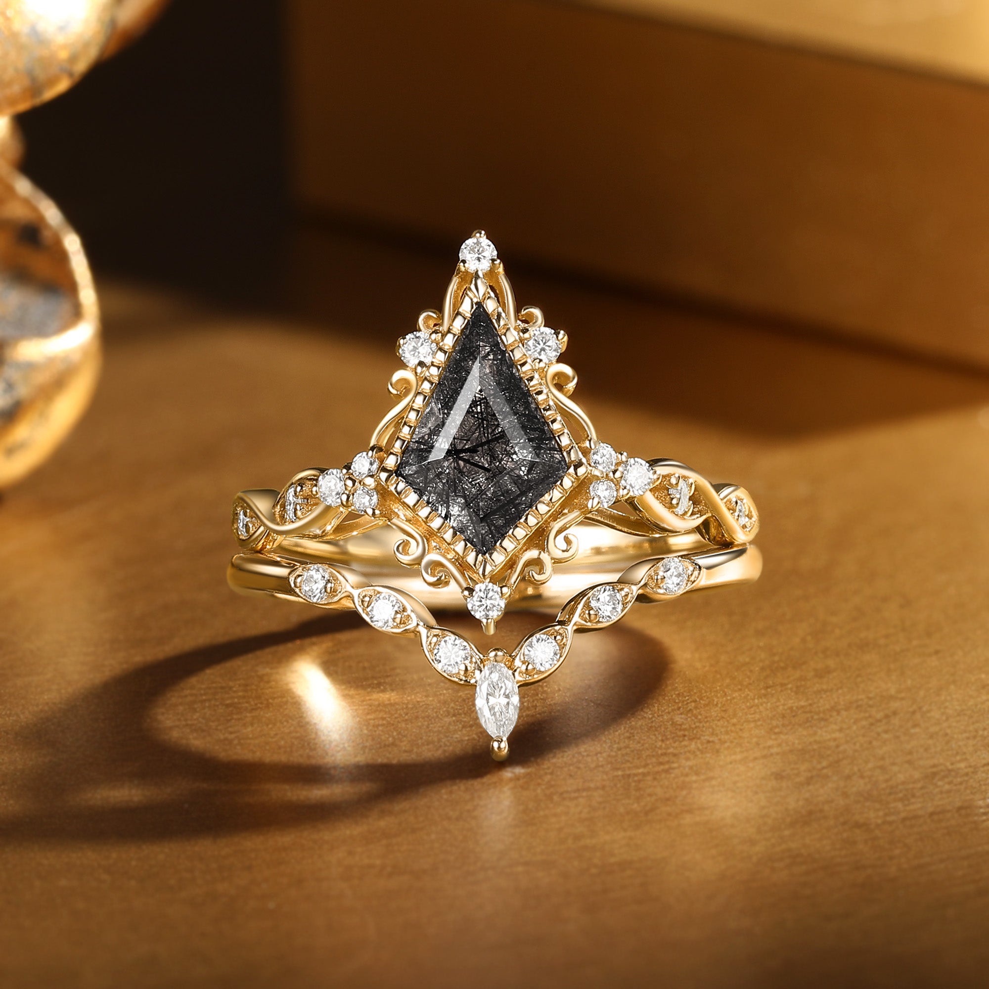 Unique Bazel Black Rutilated Quartz Kite Cut Vintage Filigree Ring Set 2pcs - Katherine
