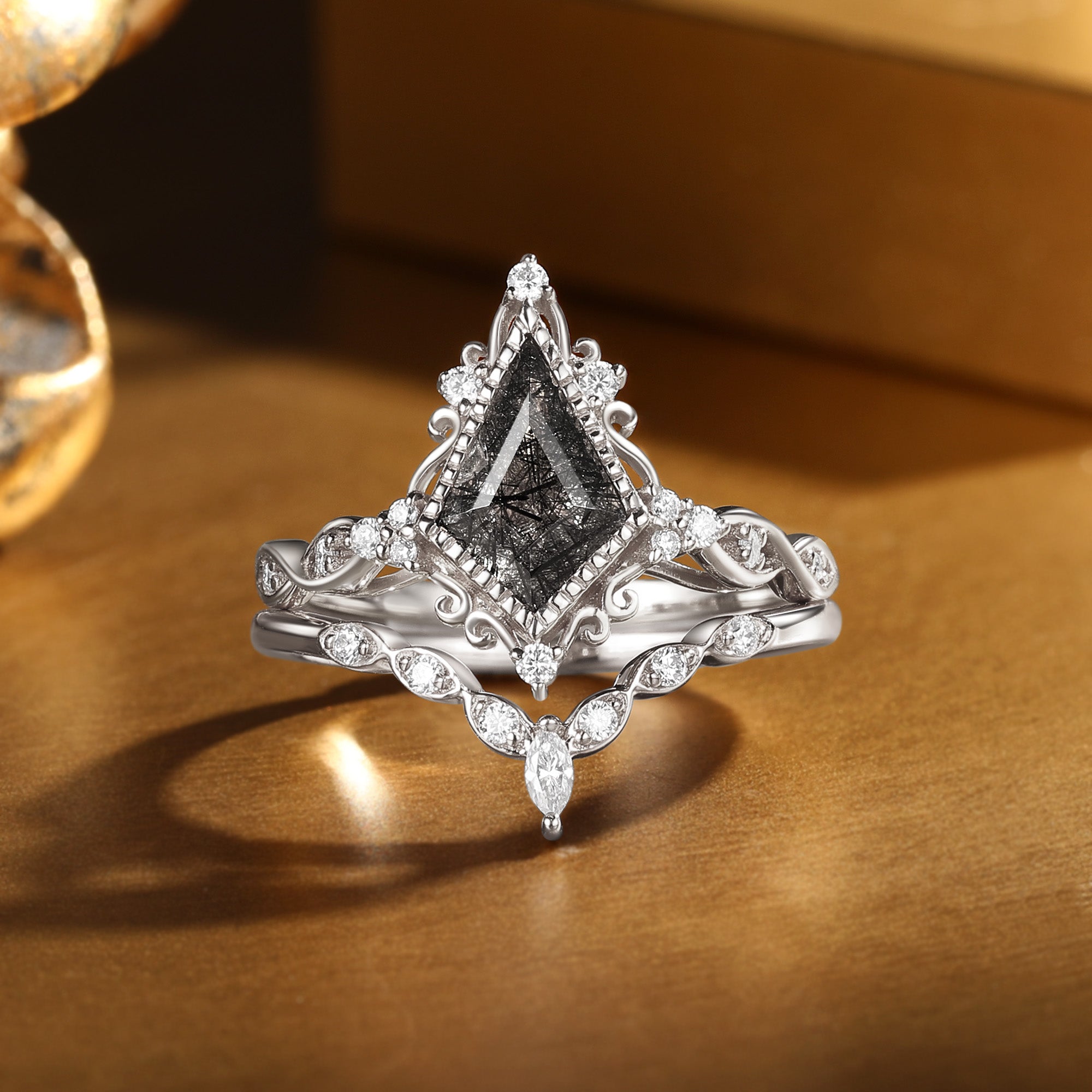 Unique Bazel Black Rutilated Quartz Kite Cut Vintage Filigree Ring Set 2pcs - Katherine