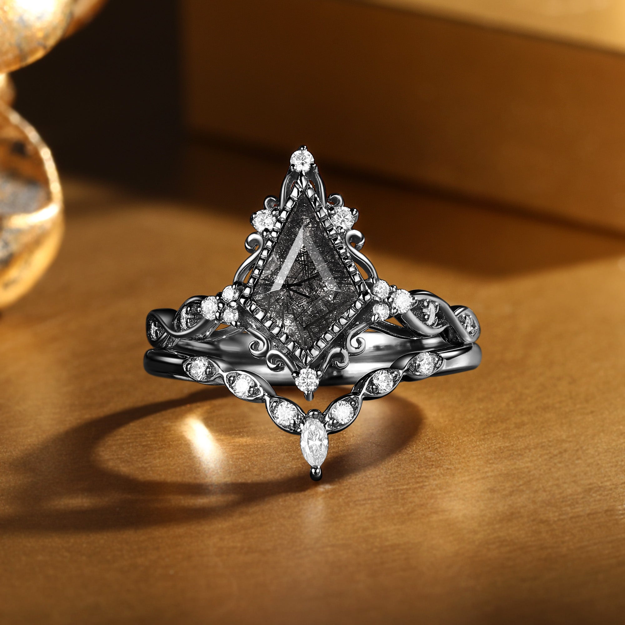 Unique Bazel Black Rutilated Quartz Kite Cut Vintage Filigree Ring Set 2pcs - Katherine