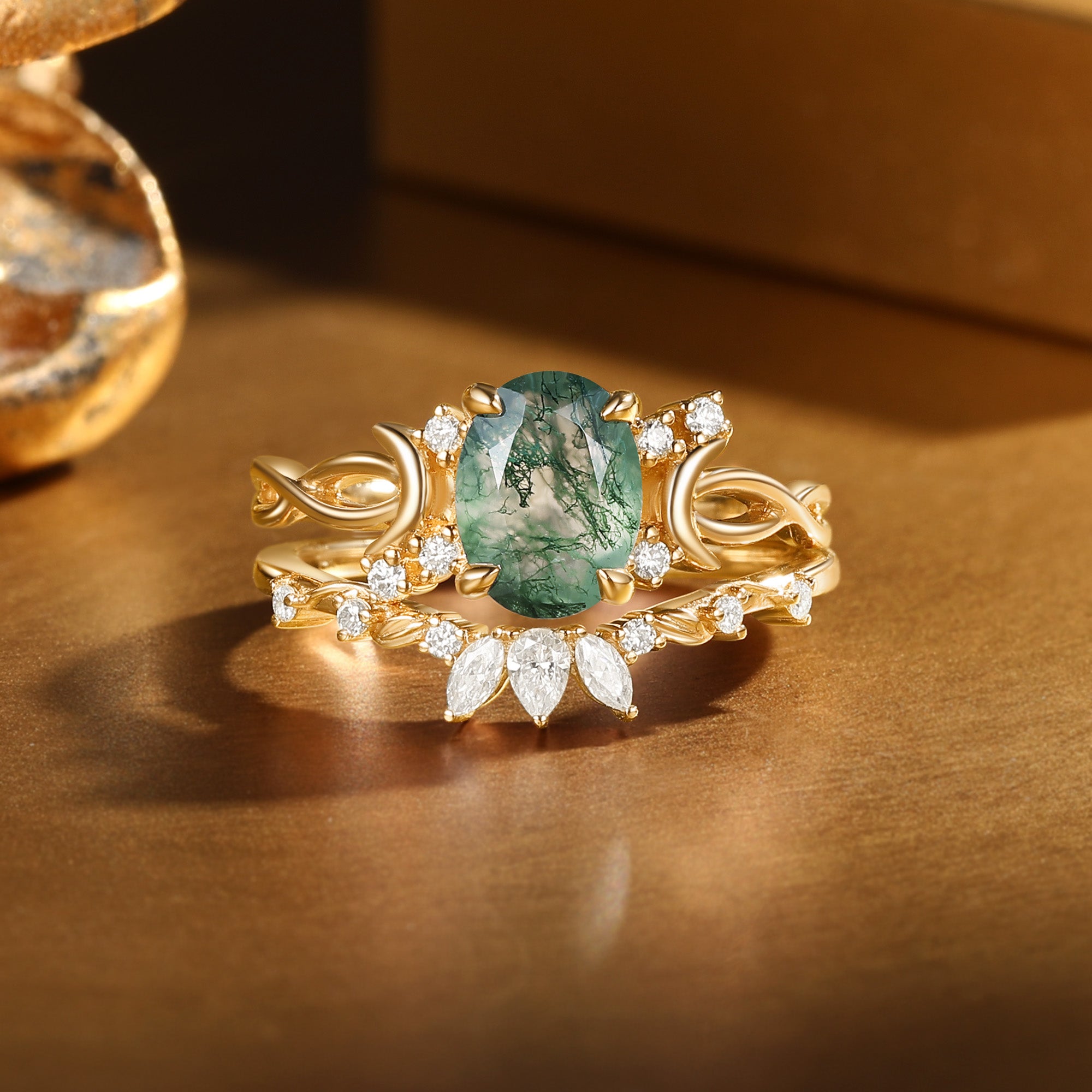 Unique Moonlight Moss Agate Oval Cut Vine Twist Ring Bridal Sets