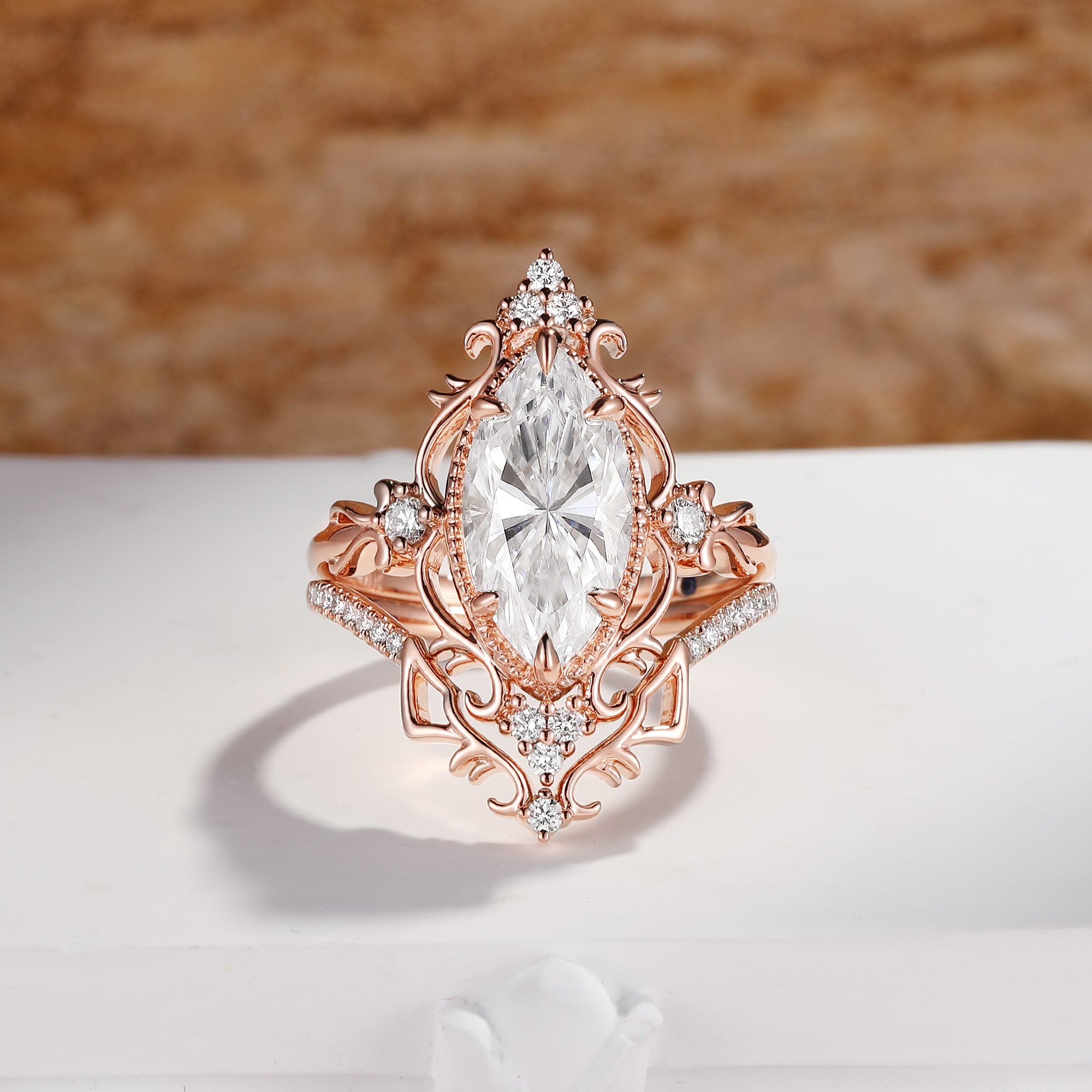 Eugenie - Marquise Cut Moissanite Victorian Vintage Ribbon Bridal Sets 2PCS